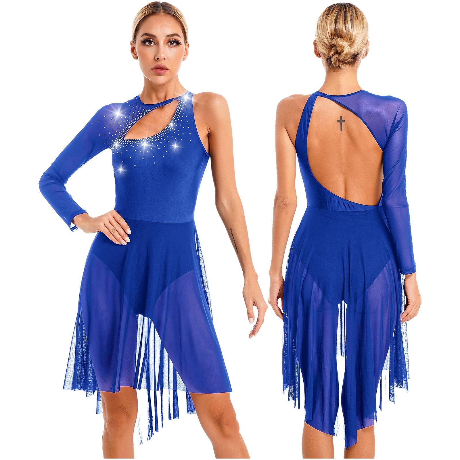 Manyakai Vrouwen lyrische dansjurk één schouder hedendaagse moderne danskostuum mesh latin danskleding L koningsblauwe kleur