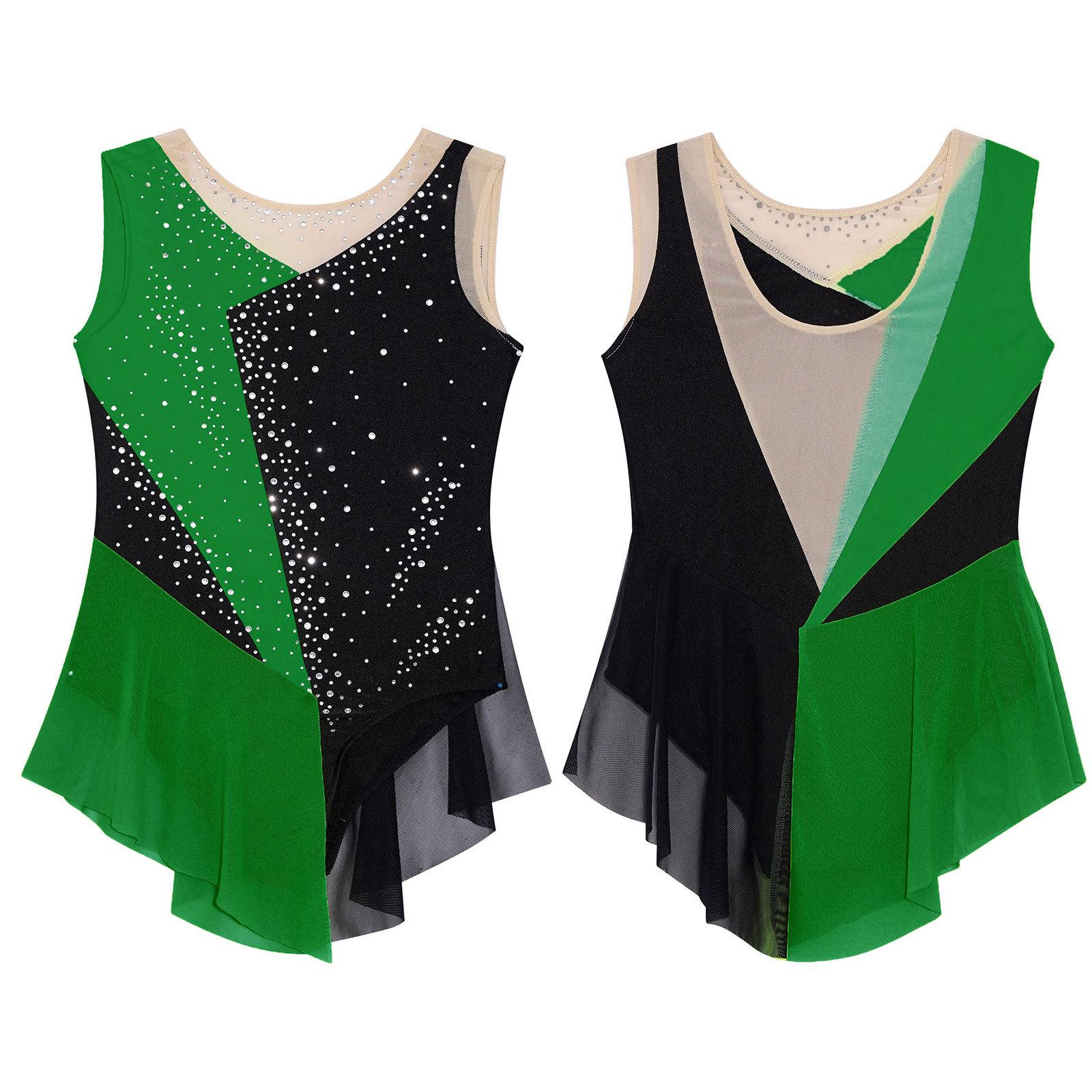 Linjinx Kinderen meisjes sprankelend strass turnpakje pure mesh patchwork mouwloze bodysuit voor dansgymnastiek kunstschaatsen 5-6 Years groen