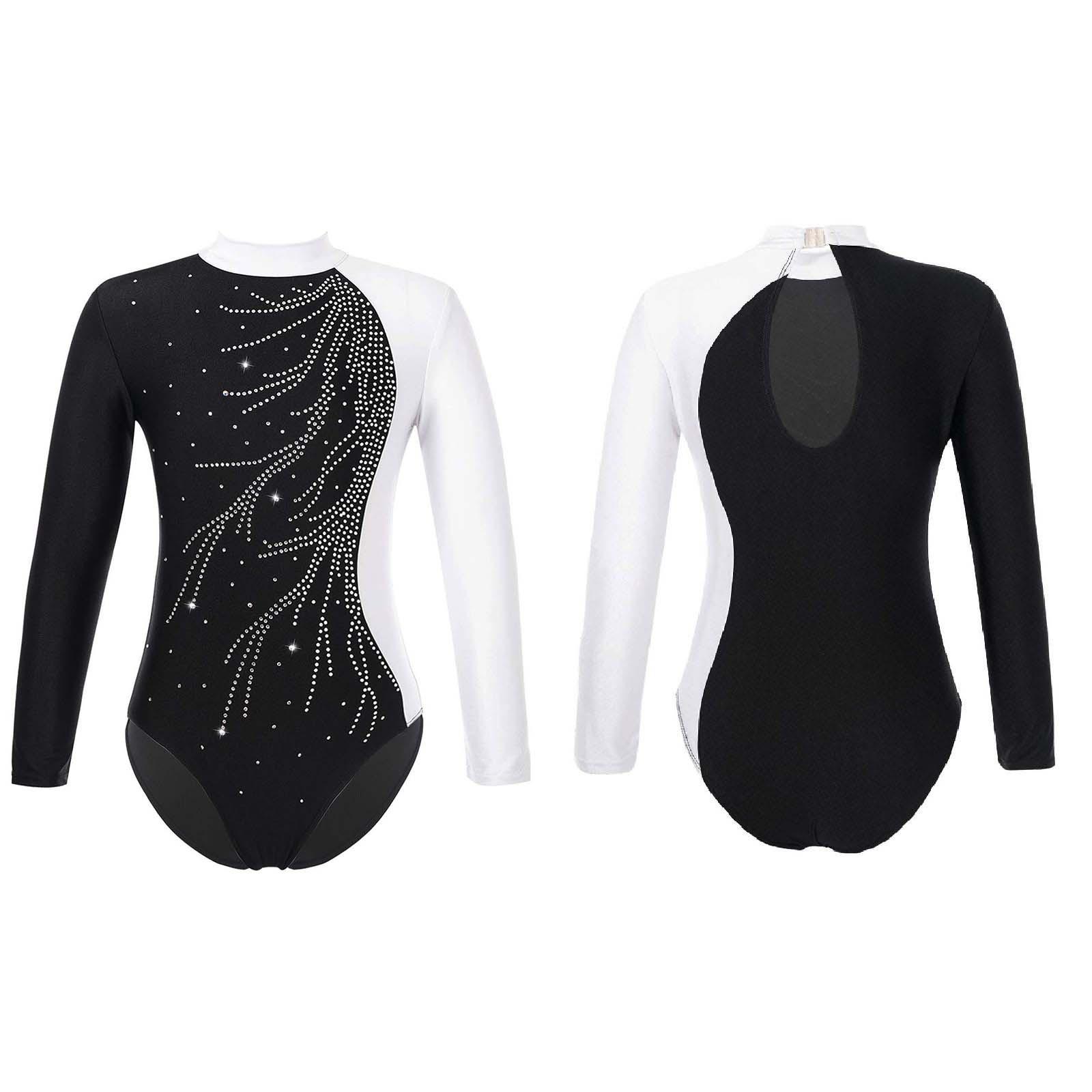 ZDHoor Meisjes Dans Gymnastiek Turnpakje Lange Mouw Faux Diamanten Versierd Sleutelgat Achterstijl Romper Kinderen 10-12 Years