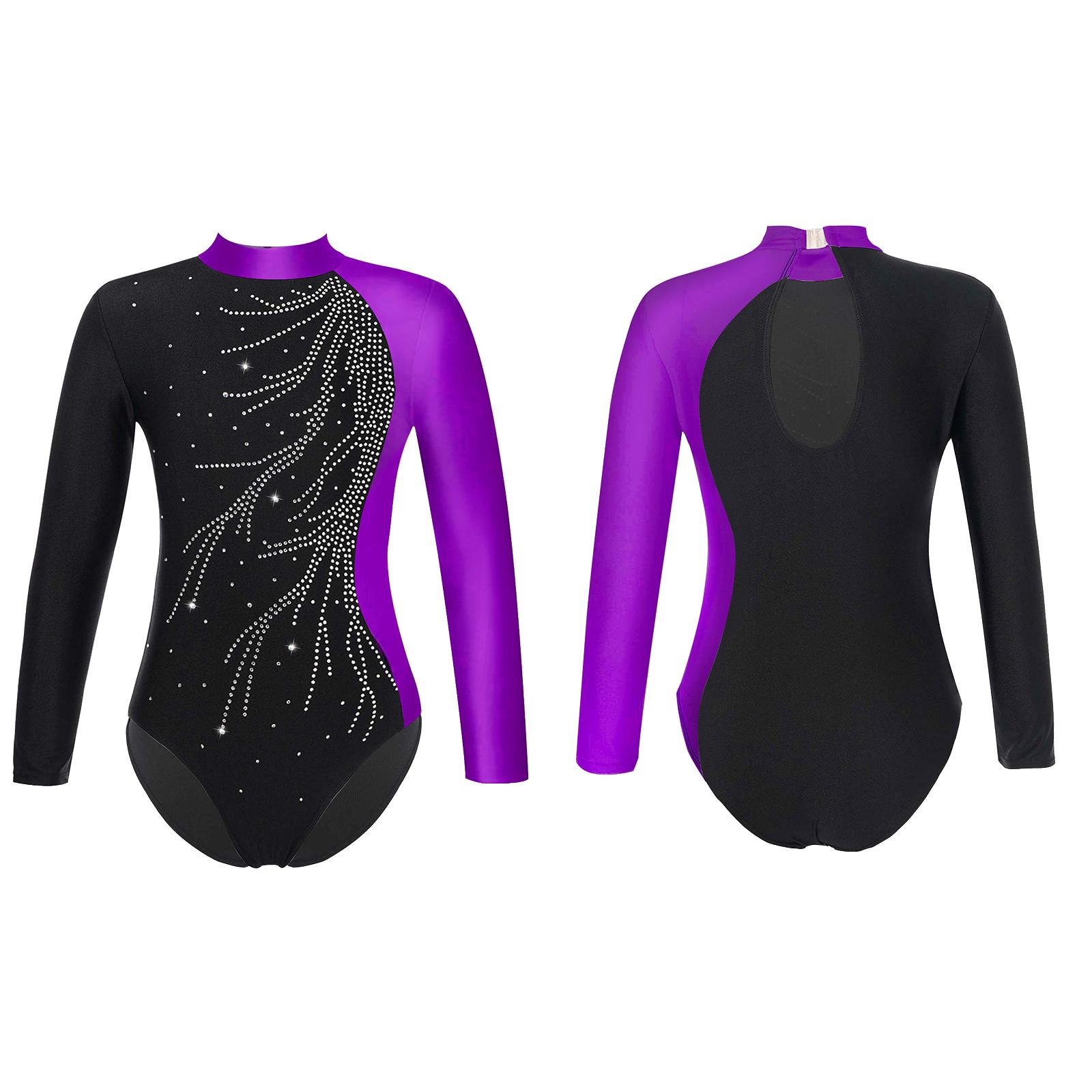 ZDHoor Meisjes Dans Gymnastiek Turnpakje Lange Mouw Faux Diamanten Versierd Sleutelgat Achterstijl Romper Kinderen 10-12 Years