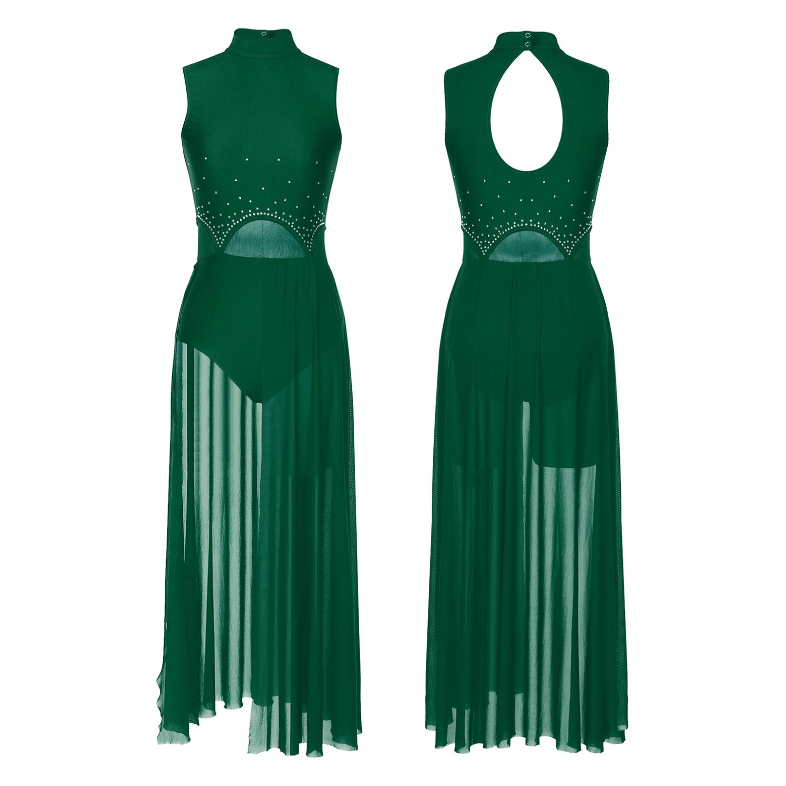 WinYing Vrouwen Moderne Lyrische Dansjurk Ballet Gymnastiek Leotard Mouwloos Strass Mesh Jurken Podiumvoorstelling Danskleding M groen