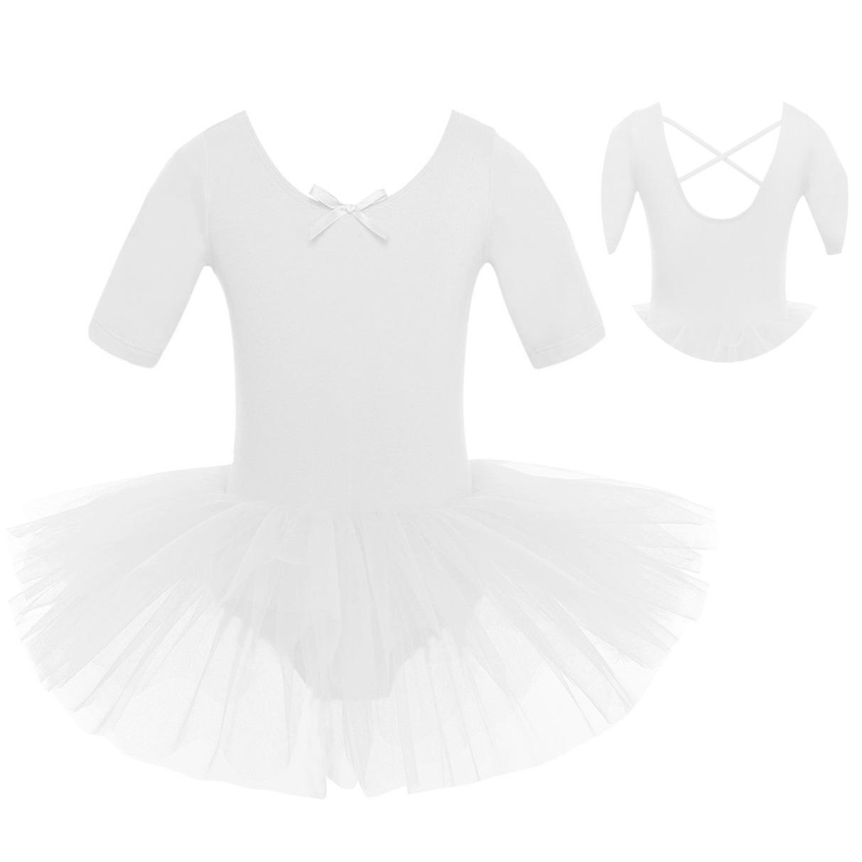 WinYing Kinderen meisjes korte mouw katoenen tule ballet dans turnpakje jurk 7-8 Years wit