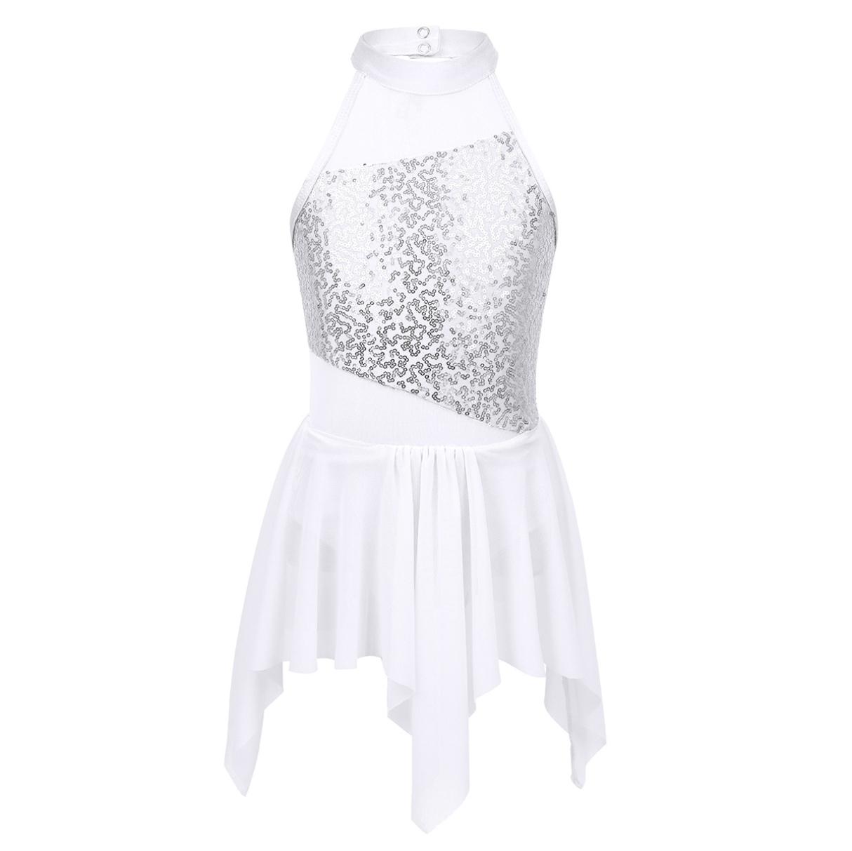 Inlzdz Meisjes mouwloze pailletten uitsparing terug ballet dans gymnastiek turnpakje asymmetrische jurk latin jazz danskleding 5-6 Years wit