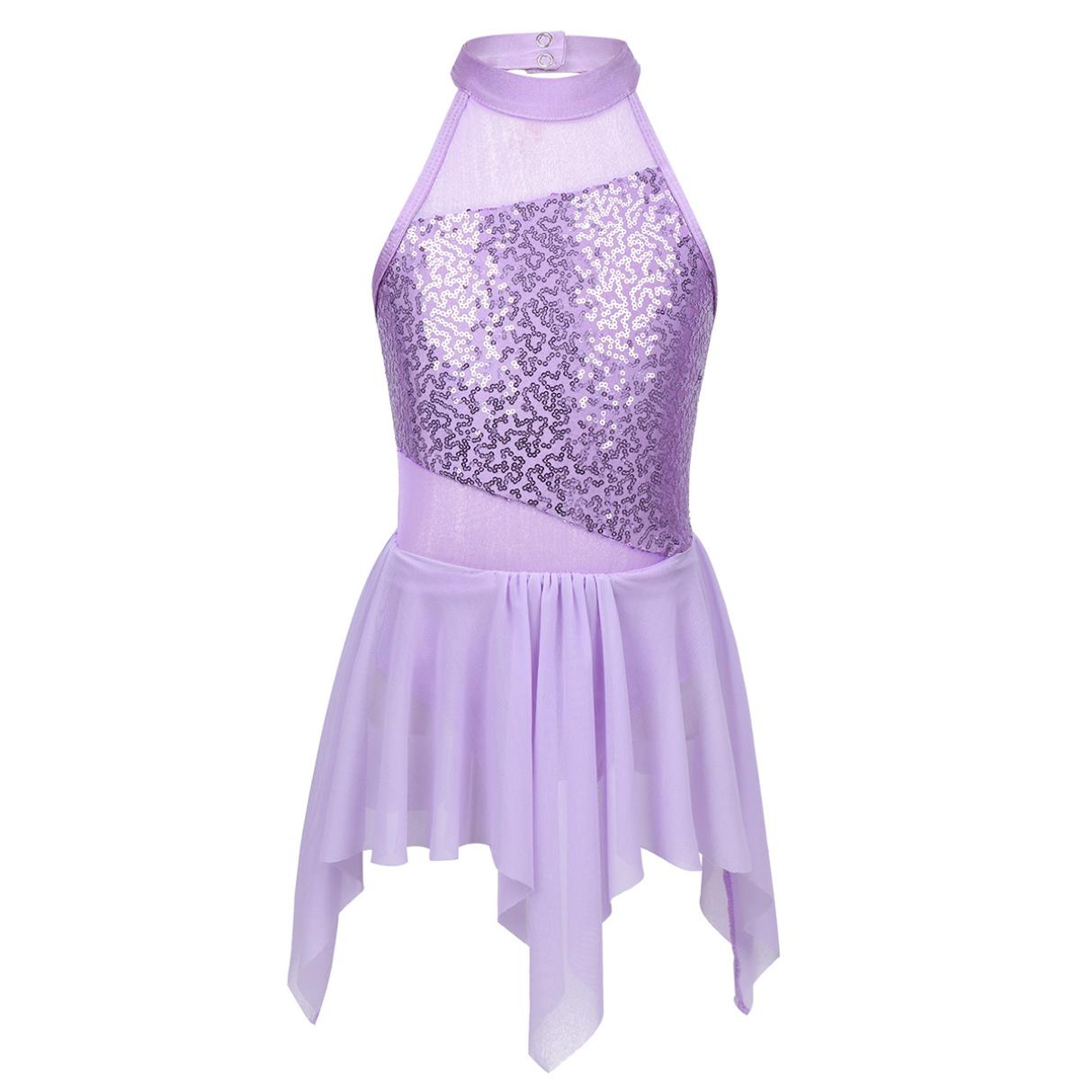 Inlzdz Meisjes mouwloze pailletten uitsparing terug ballet dans gymnastiek turnpakje asymmetrische jurk latin jazz danskleding 13-14 Years lavendel