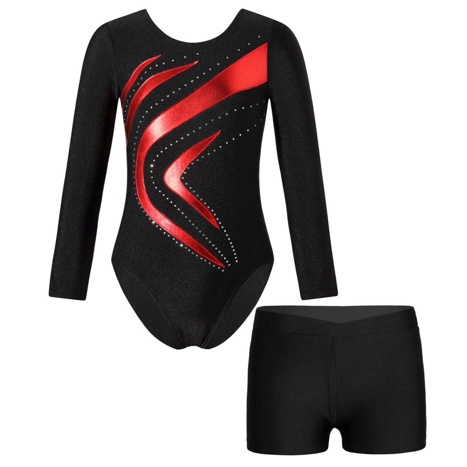 Inlzdz Kinderen Meisjes Lange Mouw Gymnastiek Dans Ballet Turnpakje met Shorts Atletische Workout Yoga Sportkleding Danskleding 7-8 Years