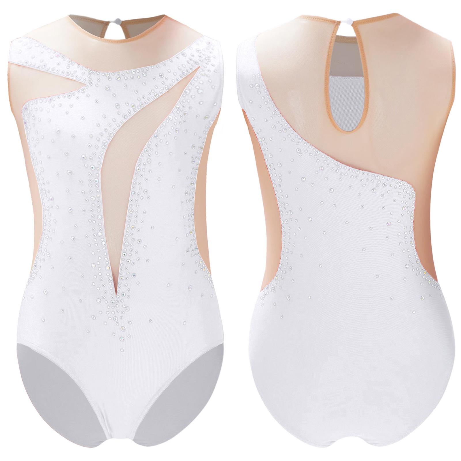 Inhzoy Meisjes Gymnastiek Acrobatiek Leotard Ballet Jazzdans Unitard Workout Yoga Sportkleding Atletiek Bodysuit Kunstschaatsen Kostuum 11-12 Years wit