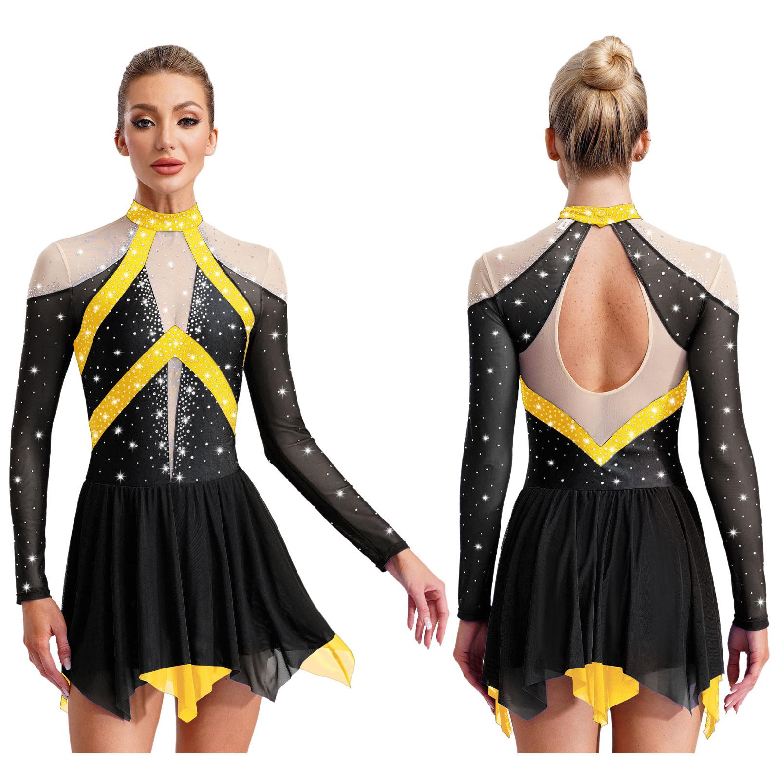 YONGHS Kunstschaatsen voor dames, kostuum met doorschijnende mesh en strass steentjes, leotardjurk voor moderne lyrische dans, gymnastiek en acrobatiek S zwart