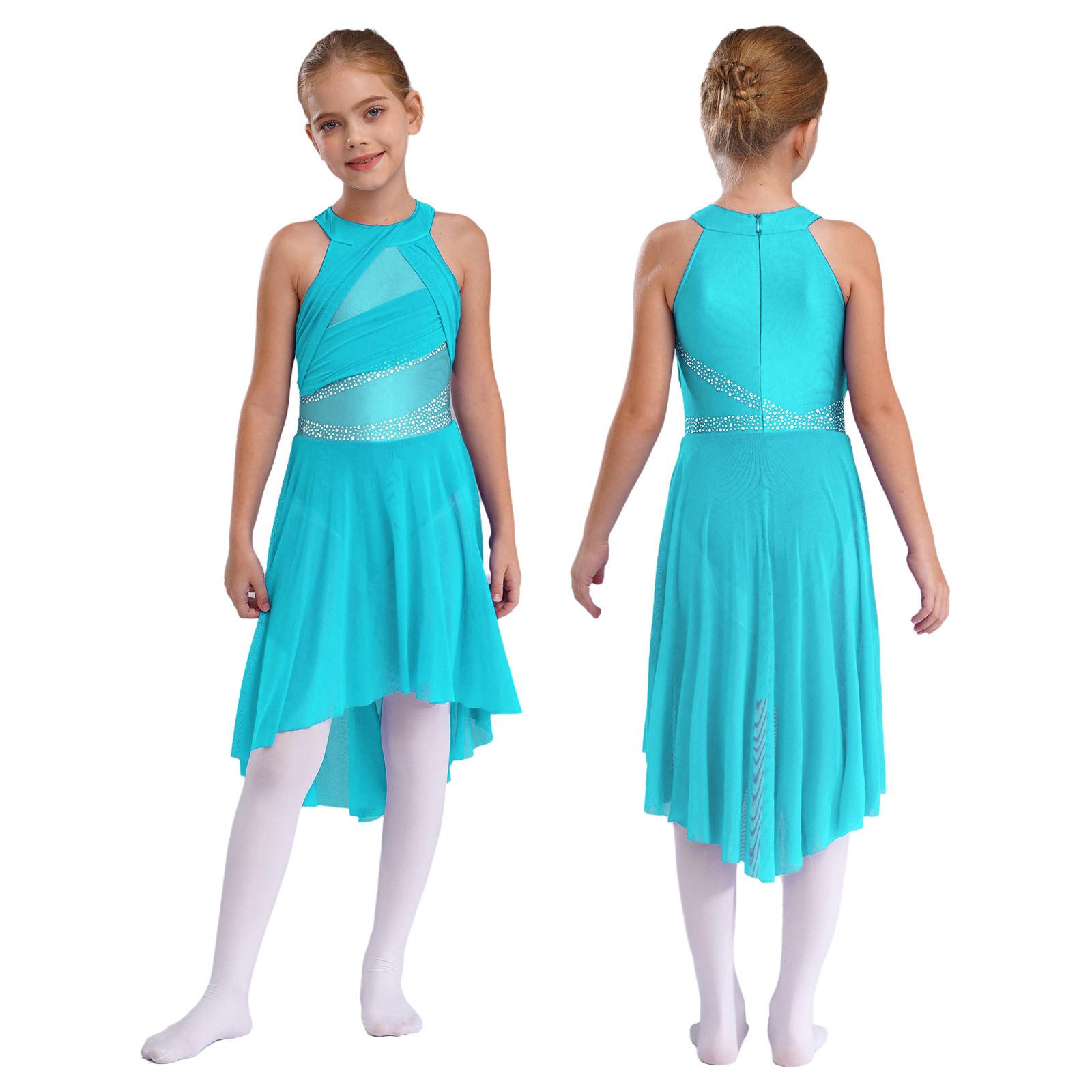 YONGHS Meisjes mouwloos glanzend lyrisch ballet turnpakje met strass steentjes, eigentijds modern Latijns danskostuum 9-10 Years lichtblauwe kleur