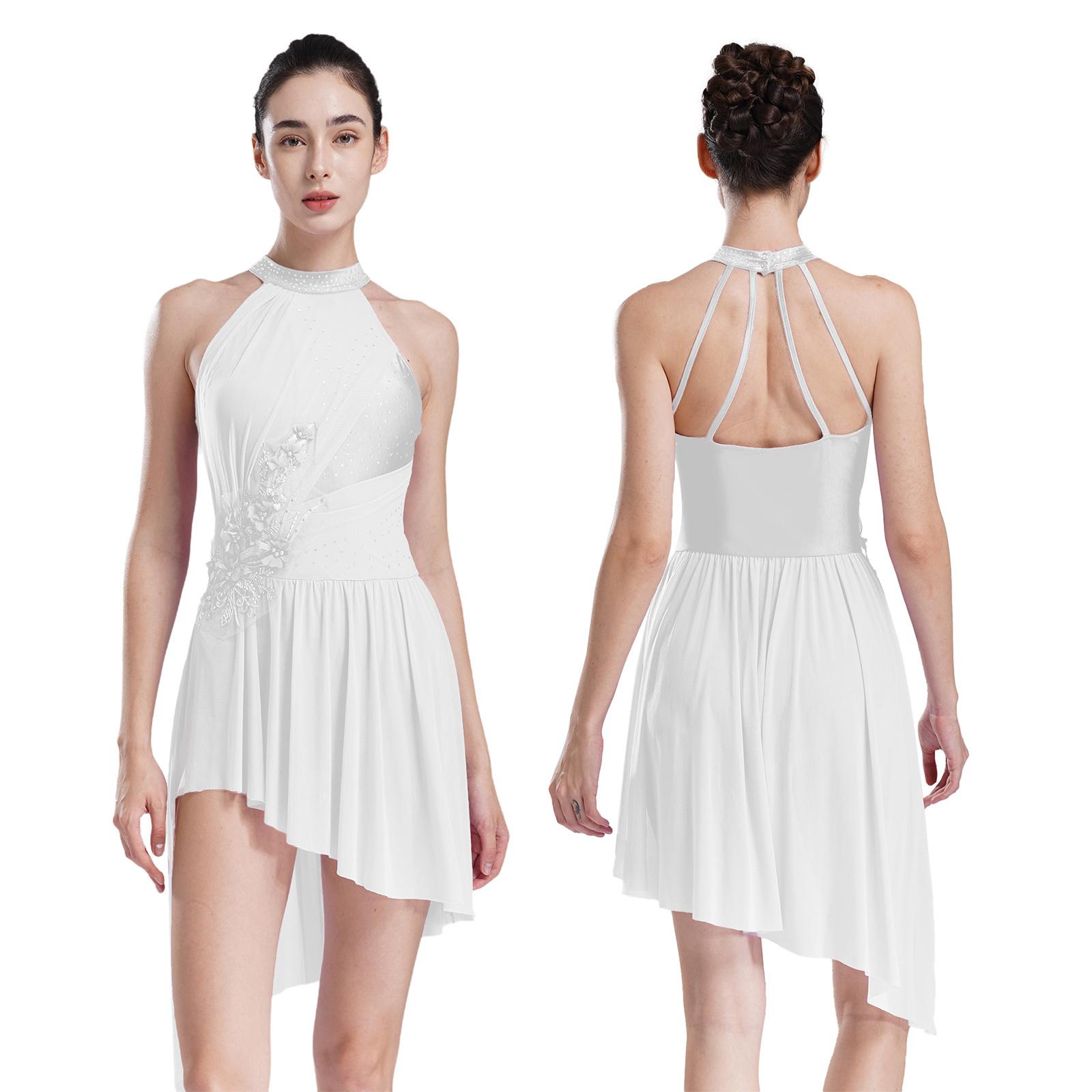 Daenrui Vrouwen Ballet Lyrische Dansjurken voor Kunstschaatsen Halter Strappy Rug Asymmetrische Zoom Glanzende Strass Leotard Jurk S