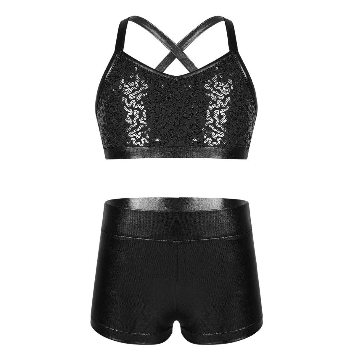 HULIJA Kinderen meisjes 2-delig gymnastiek turnpakje pailletten crop top atletische shorts balletdans tankinisets 12-14 Years
