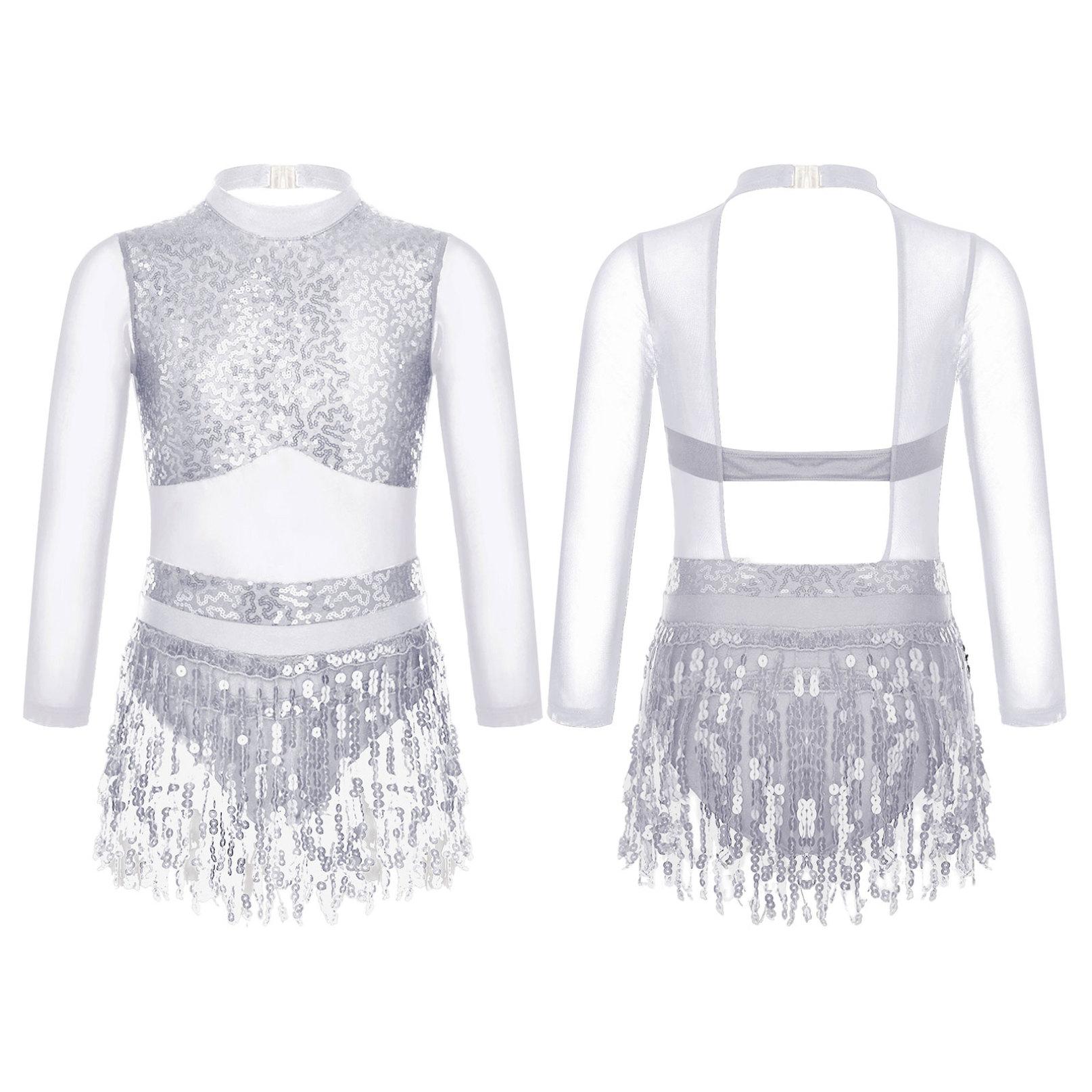Inhzoy Kinderen Meisjes Pailletten Kwastje Latin Dans Kostuum Lange Mouw Holle Rug Lyrische Jazz Gymnastiek Ballet Outfits 7-8 Years zilver