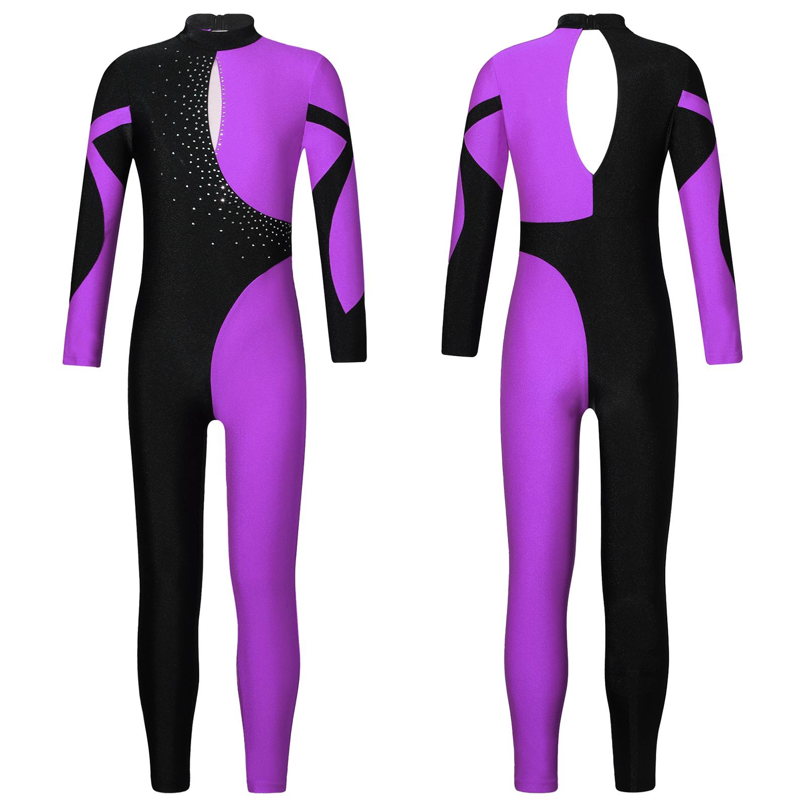 Linjinx Meisjes Kunstschaatsen Stage Performance Kostuum Ballet Dans Gymnastiek Turnpakje Lange Mouw Glanzende Strass Body Dancewear 7-8 Years paars