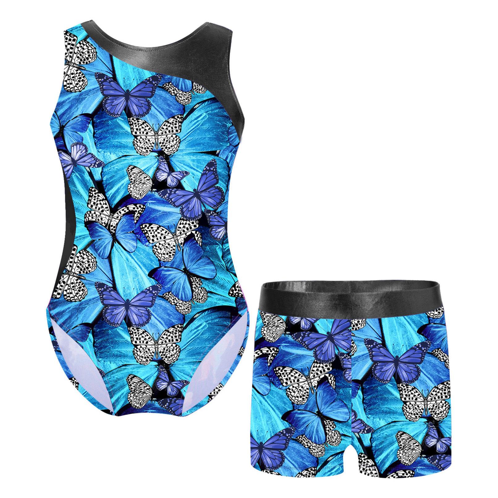 HULIJA Kinderen meisje ballet dans gymnastiek turnpakje mouwloze bodysuit met shorts schaatsen podiumprestaties kostuums 15-16 Years blauw/zwart
