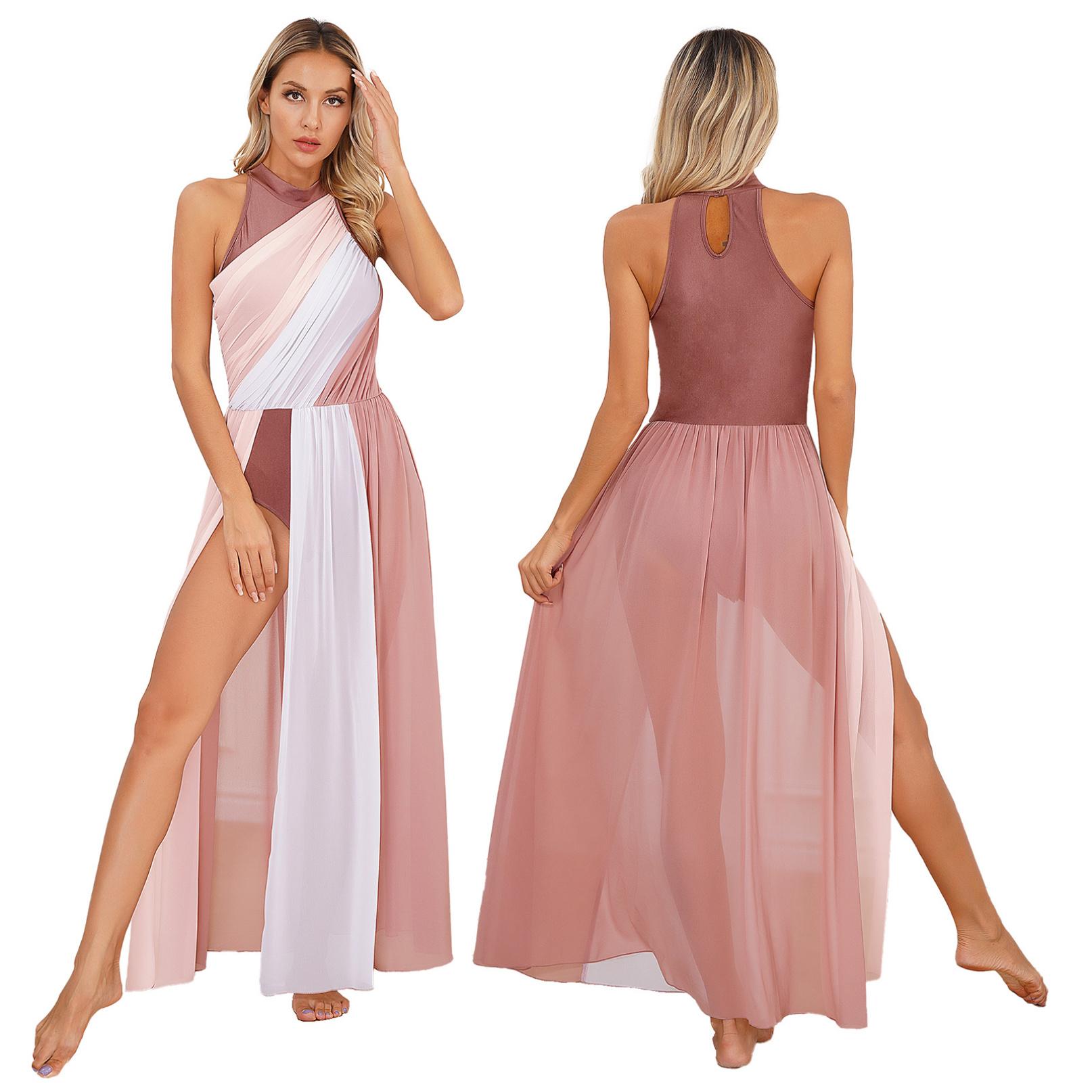Inlzdz Damesballetjurk Lange dansjurk met chiffon rok Mouwloos balletpakje voor lyrische moderne dansdanskleding S koffie