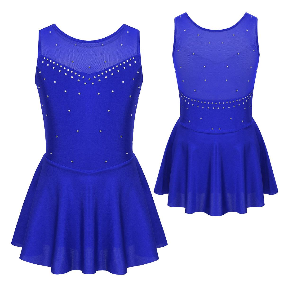 Sywiyi Gymnastiek Turnpakje Jurk Kinderen Meisjes Mouwloze Mesh Splice Figuur Schaatsen Jurk Dansvoorstelling Kostuum Ballet Danskleding 9-10 Years blauw
