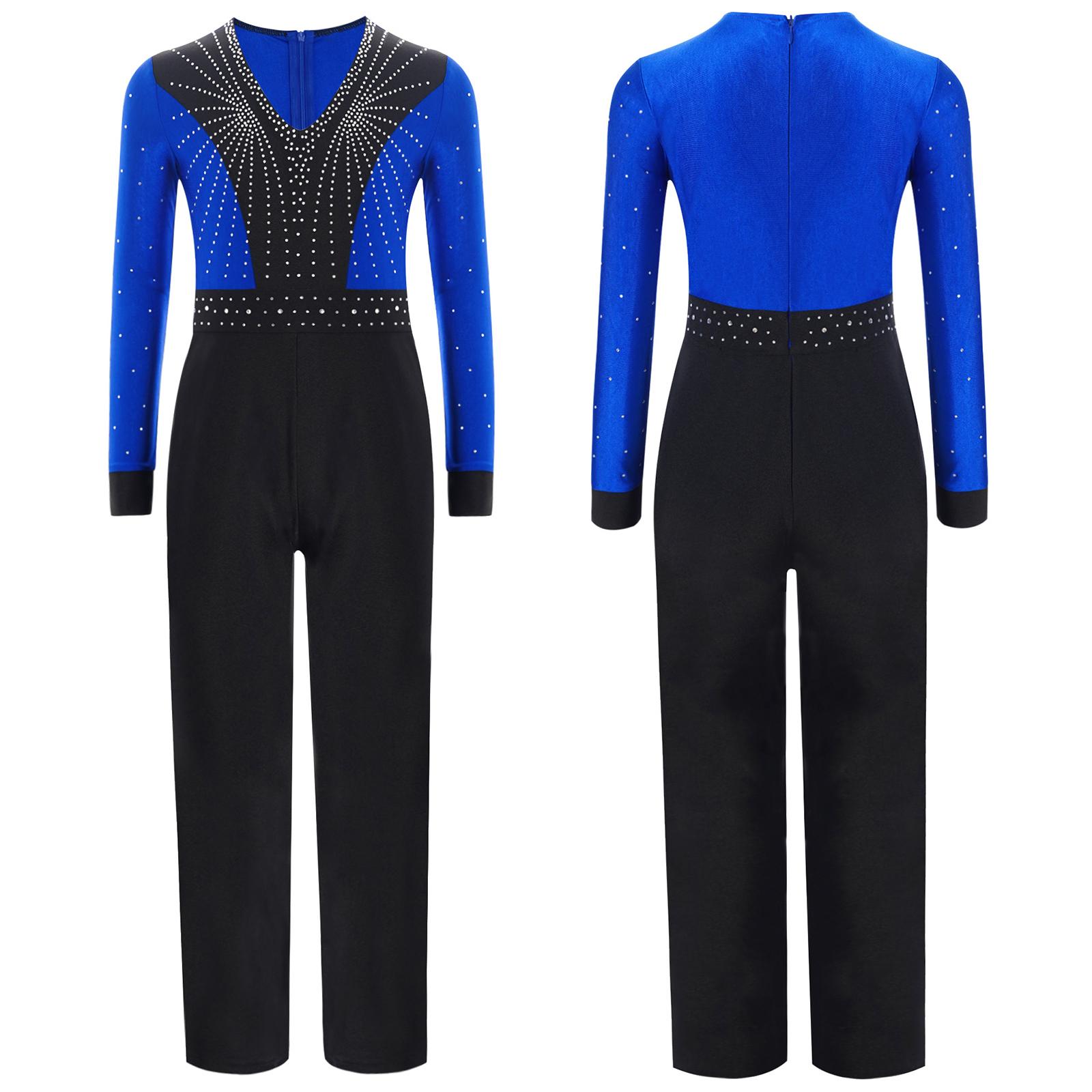 Yunduantong-electronic Jongens V-hals Lyrisch Latin Dans Turnpakje Salsa Tango Rumba Cha-Cha Ballroom Jazz Danskleding Glanzende Strass Decor Bodysuits 7-8 Years blauw
