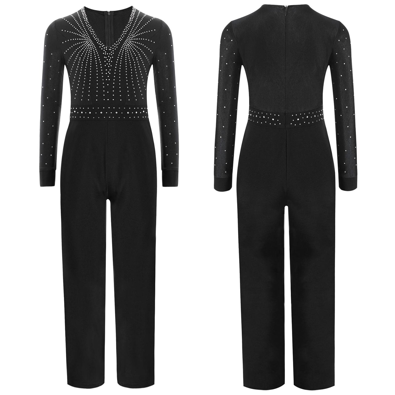 Yunduantong-electronic Jongens V-hals Lyrisch Latin Dans Turnpakje Salsa Tango Rumba Cha-Cha Ballroom Jazz Danskleding Glanzende Strass Decor Bodysuits 15-16 Years zwart