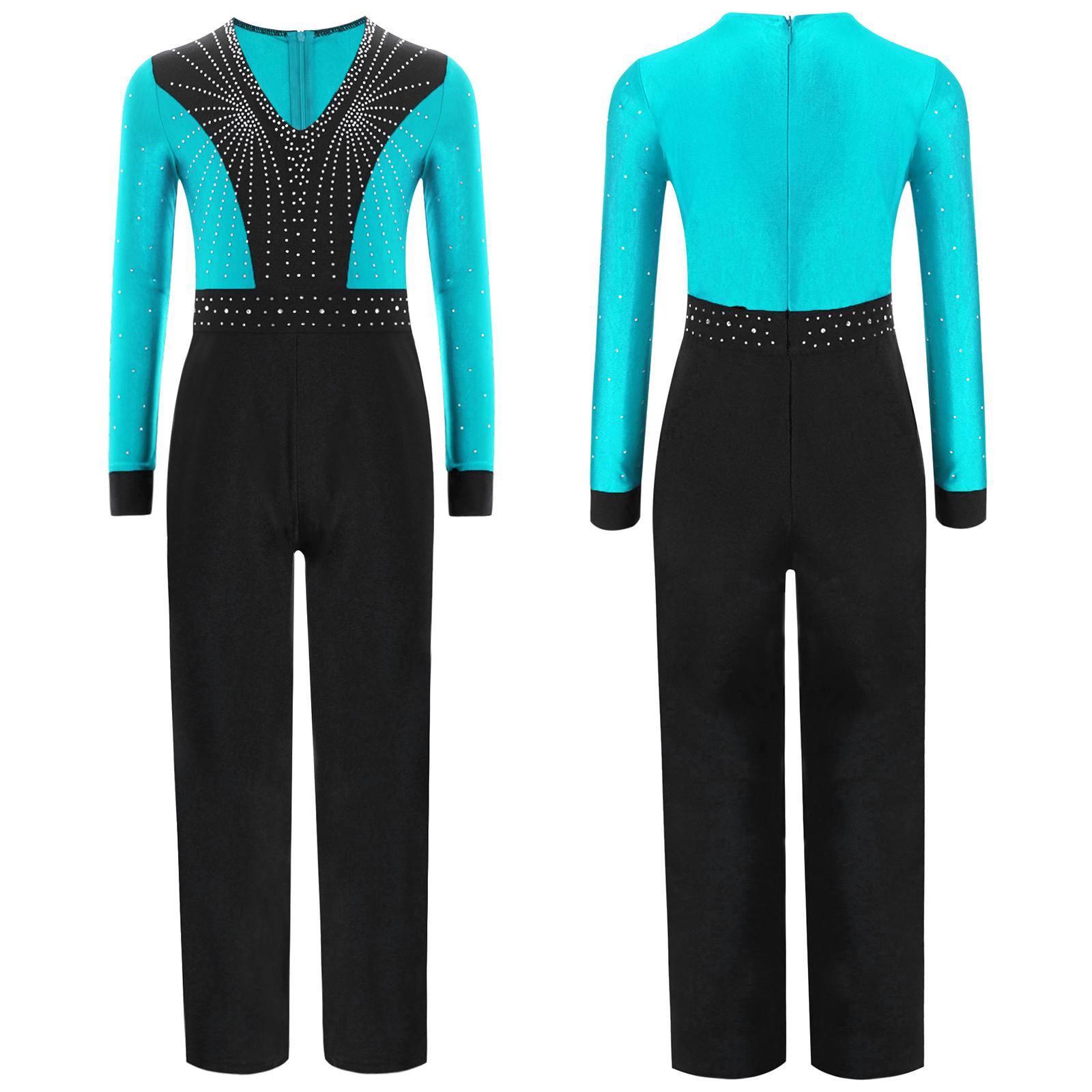 Yunduantong-electronic Jongens V-hals Lyrisch Latin Dans Turnpakje Salsa Tango Rumba Cha-Cha Ballroom Jazz Danskleding Glanzende Strass Decor Bodysuits 9-10 Years wintertaling