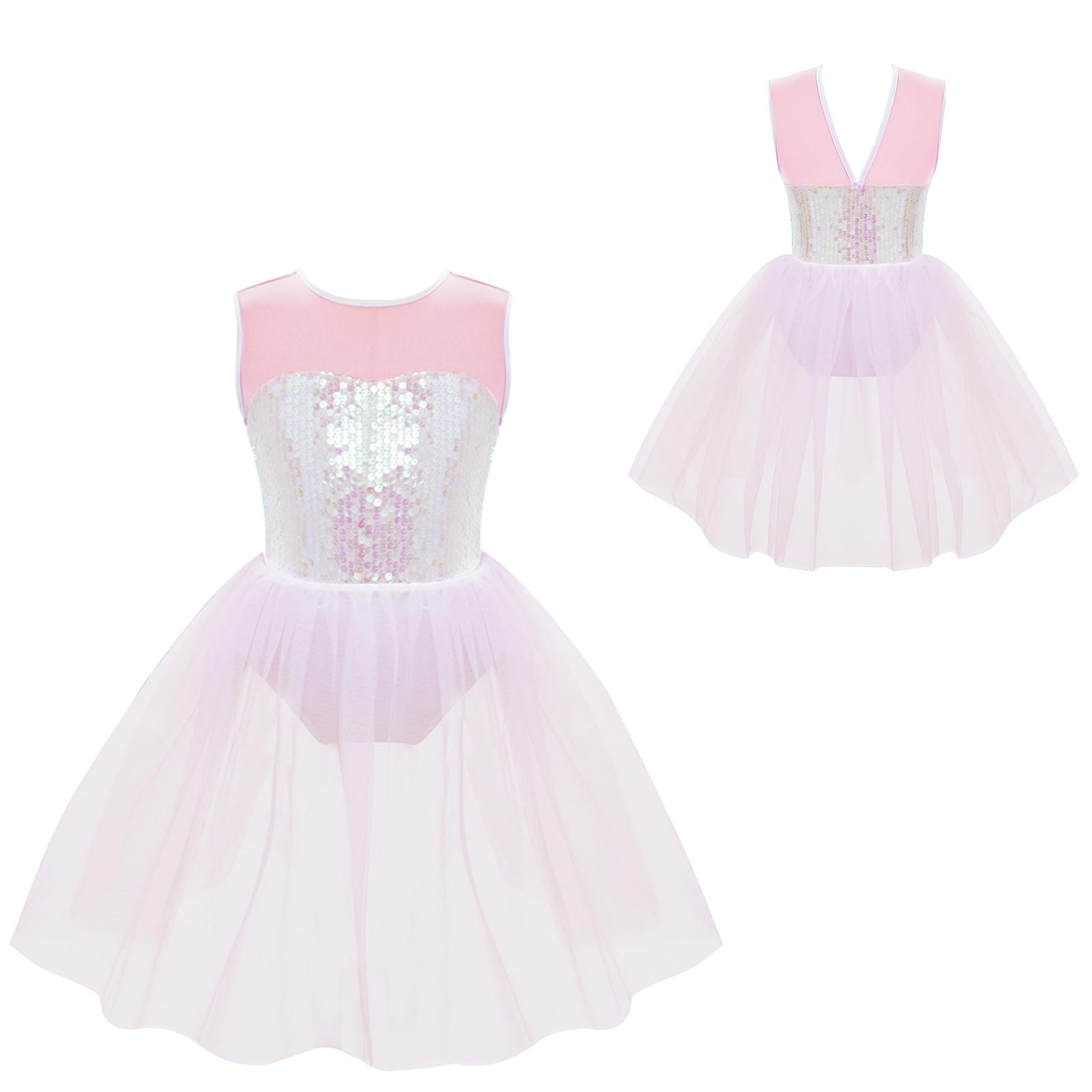 Linjinx Meisjes danspakje ballet kunstschaatsen glinsterende pailletten lijfje open rug mesh tutu jurk kostuum 5-6 Years roze