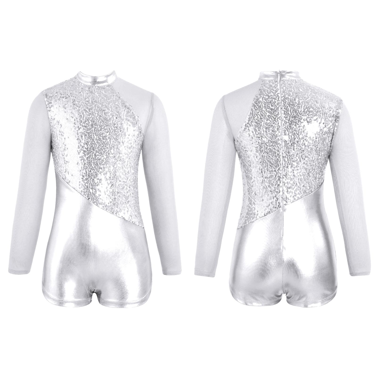HULIJA Kinderen meisjes een stuk dans turnpakje lange mouw sprankelende metallic pailletten gymnastiek bodysuit 13-14 Years