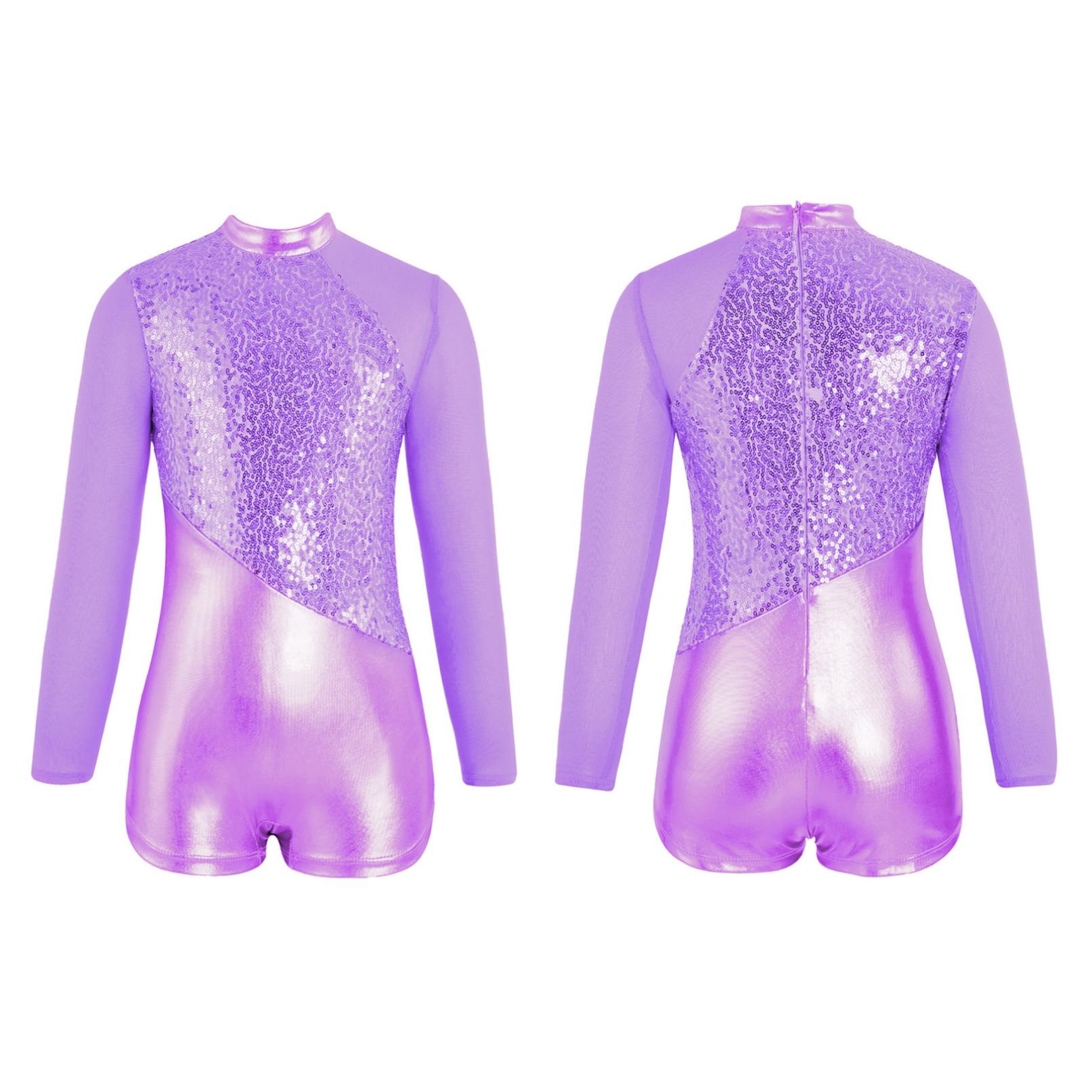 HULIJA Kinderen meisjes een stuk dans turnpakje lange mouw sprankelende metallic pailletten gymnastiek bodysuit 13-14 Years paars