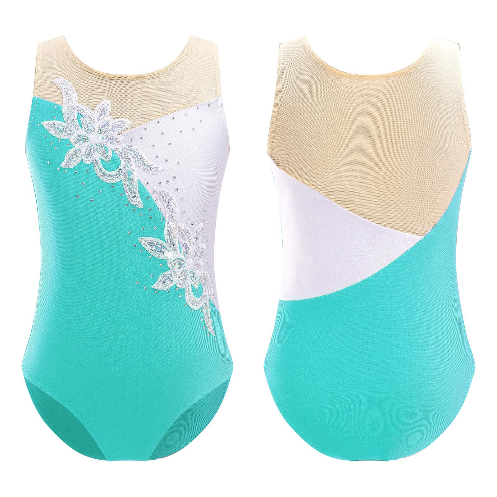 Fldy Eendelige meisjes gymnastiek training turnpakje mesh patchwork stijl danskleding kinderen schaatsen bodysuit 10-12 Years