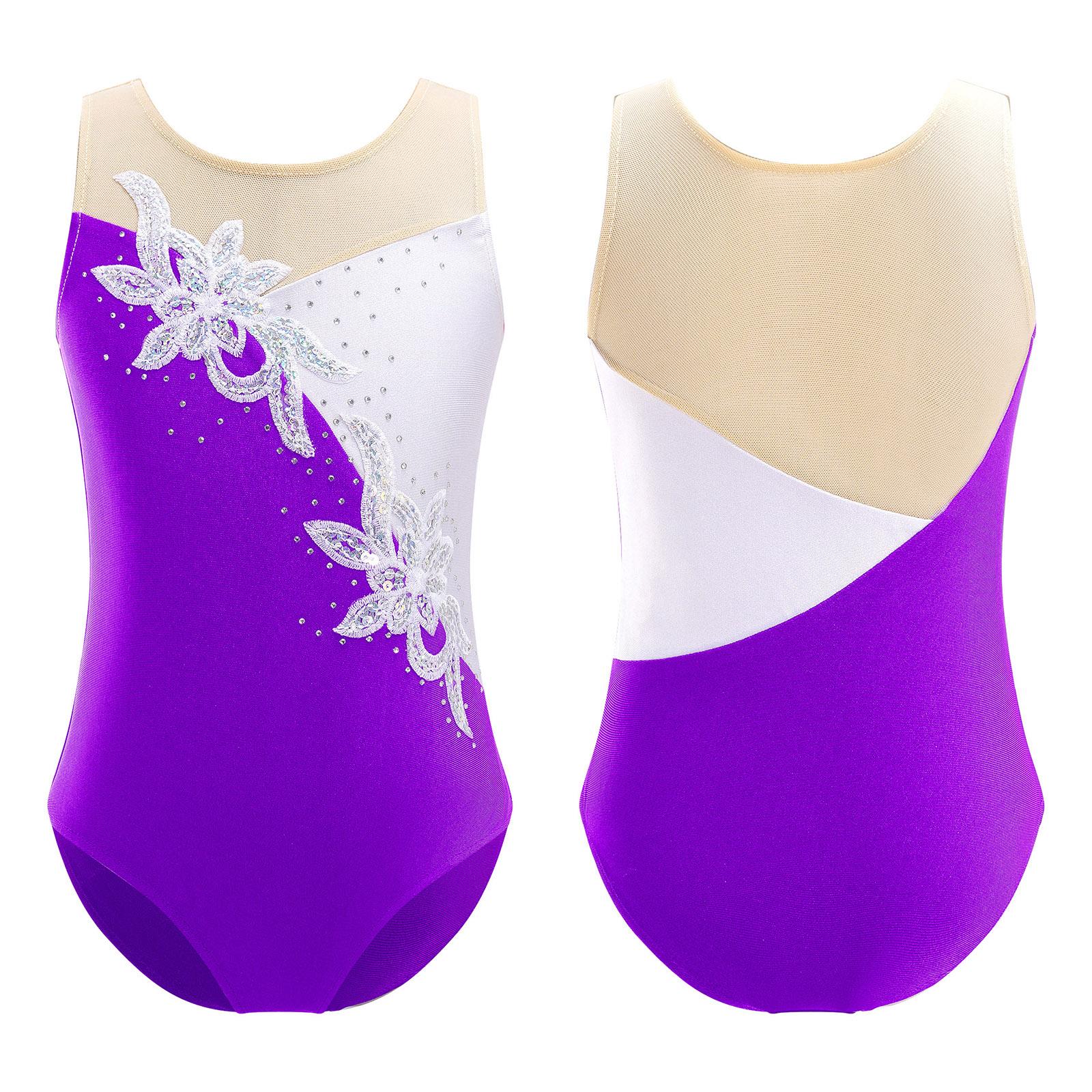 Fldy Eendelige meisjes gymnastiek training turnpakje mesh patchwork stijl danskleding kinderen schaatsen bodysuit 10-12 Years