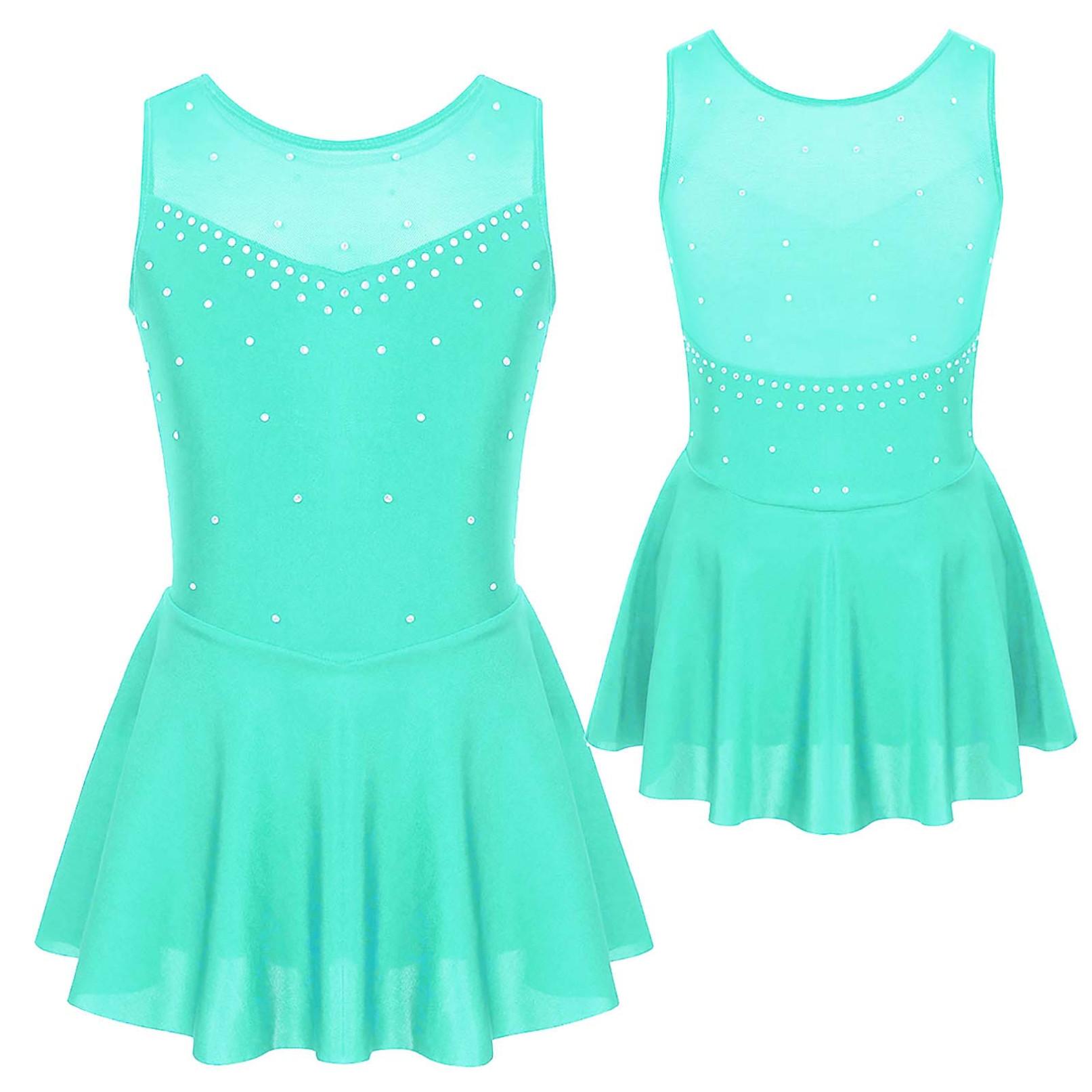 WinYing Gymnastiek Turnpakje Jurk Kinderen Meisjes Mouwloze Mesh Splice Figuur Schaatsen Jurk Dansvoorstelling Kostuum Ballet Danskleding 7-8 Years mintgroene kleur