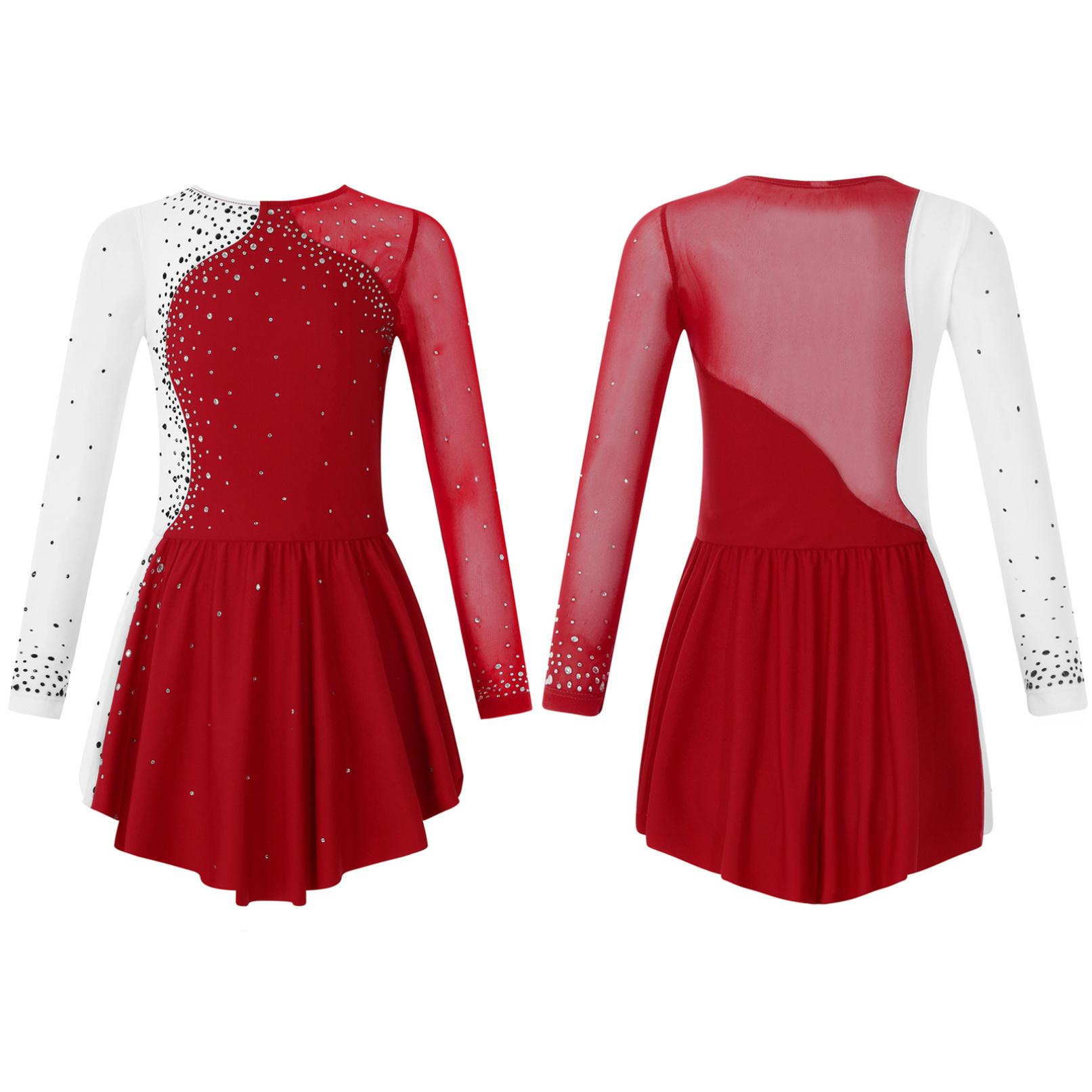 WinYing Kinderen meisjes lange mouw kunstschaatsen jurk ballerina glanzende diamant ballet dans maillots kostuum 11-12 Years bordeaux