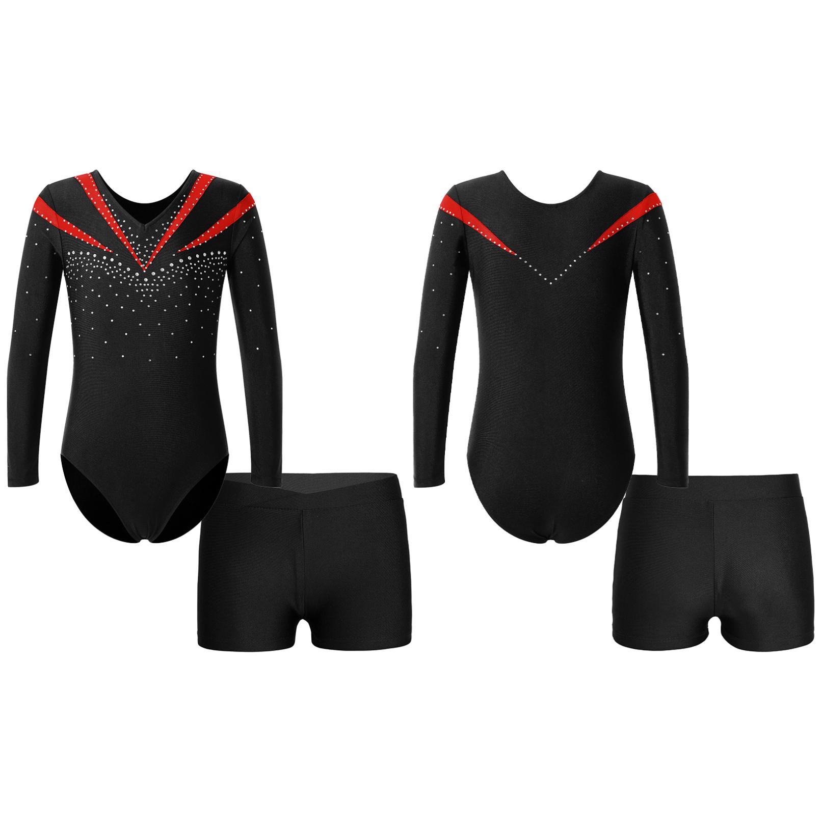 WinYing Meisjes Lange Mouw Glanzend Strass Decor Leotard met Atletische Shorts voor Dans Sport Gymnastiek 7-8 Years rood
