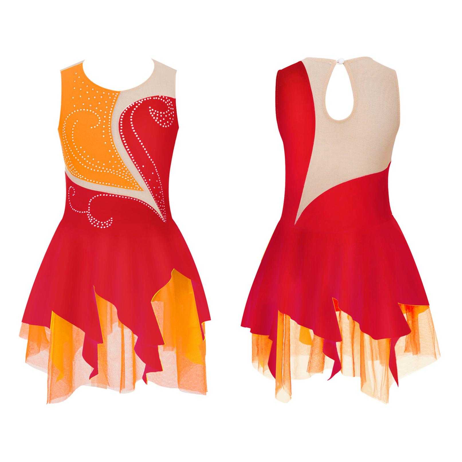 Manyakai Kinderen Meisjes Kunstschaatsen Jurk Mouwloos Glanzend Strass Dans Turnpakje Gymnastiek Ballet Ballroom Danskleding 13-14 Years rood