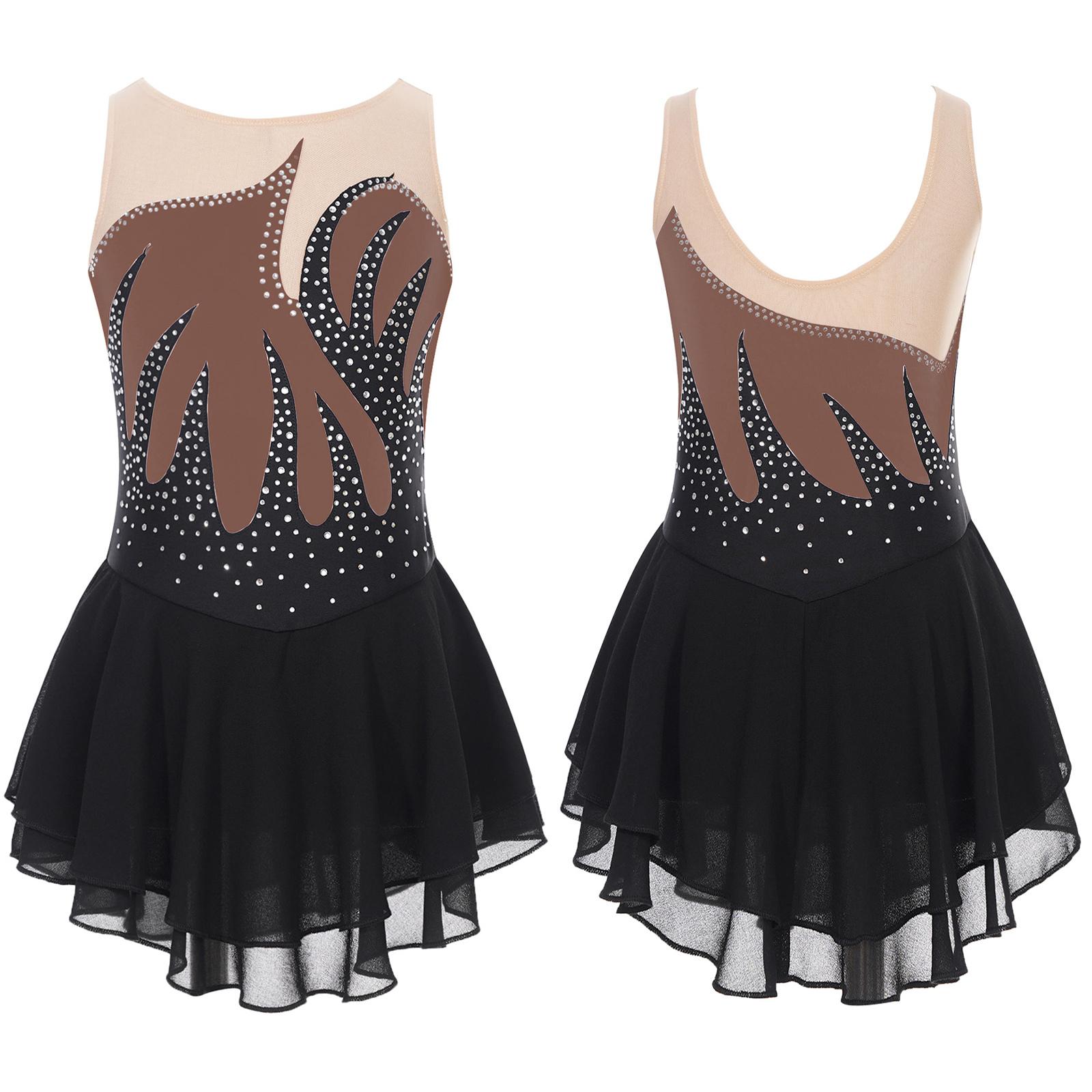Sxiwei Kinderen Meisjes Figuur Schaatsen Jurk Mouwloze Strass Splice Mesh Turnpakje Ballet Dancewear Kostuum 5-6 Years bruin