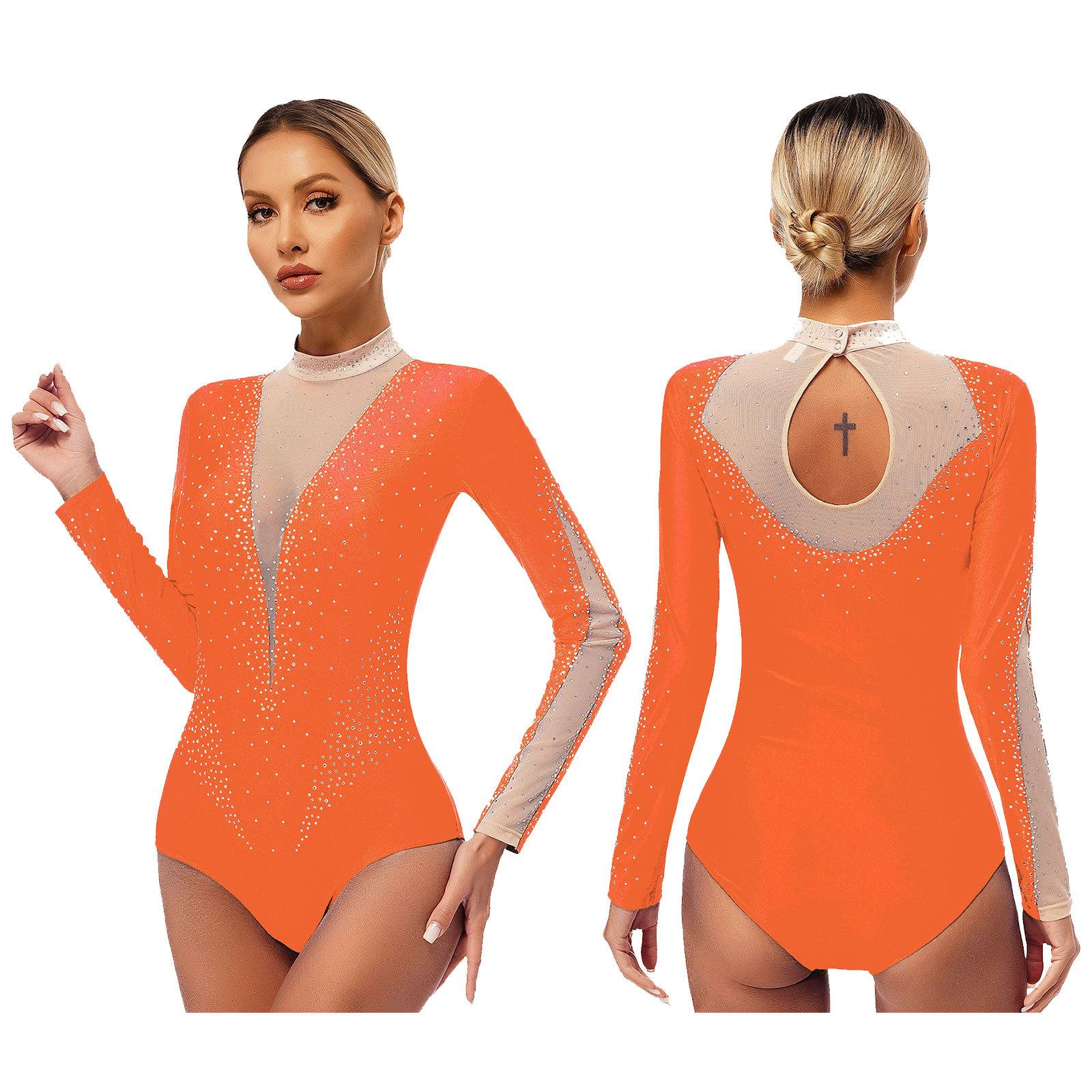 RUNQHUI Vrouwen Glittery Rhinestones Dans Leotard Lange Mouw Bodysuit voor Gymnastiek Kunstrijden Prestatie Competitie XXL oranje