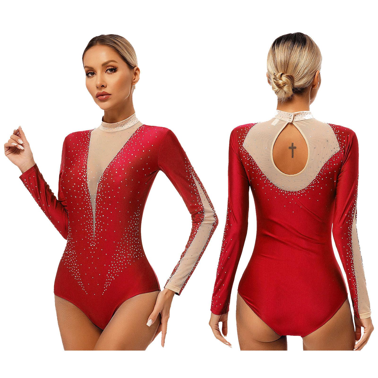 RUNQHUI Vrouwen Glittery Rhinestones Dans Leotard Lange Mouw Bodysuit voor Gymnastiek Kunstrijden Prestatie Competitie M rood