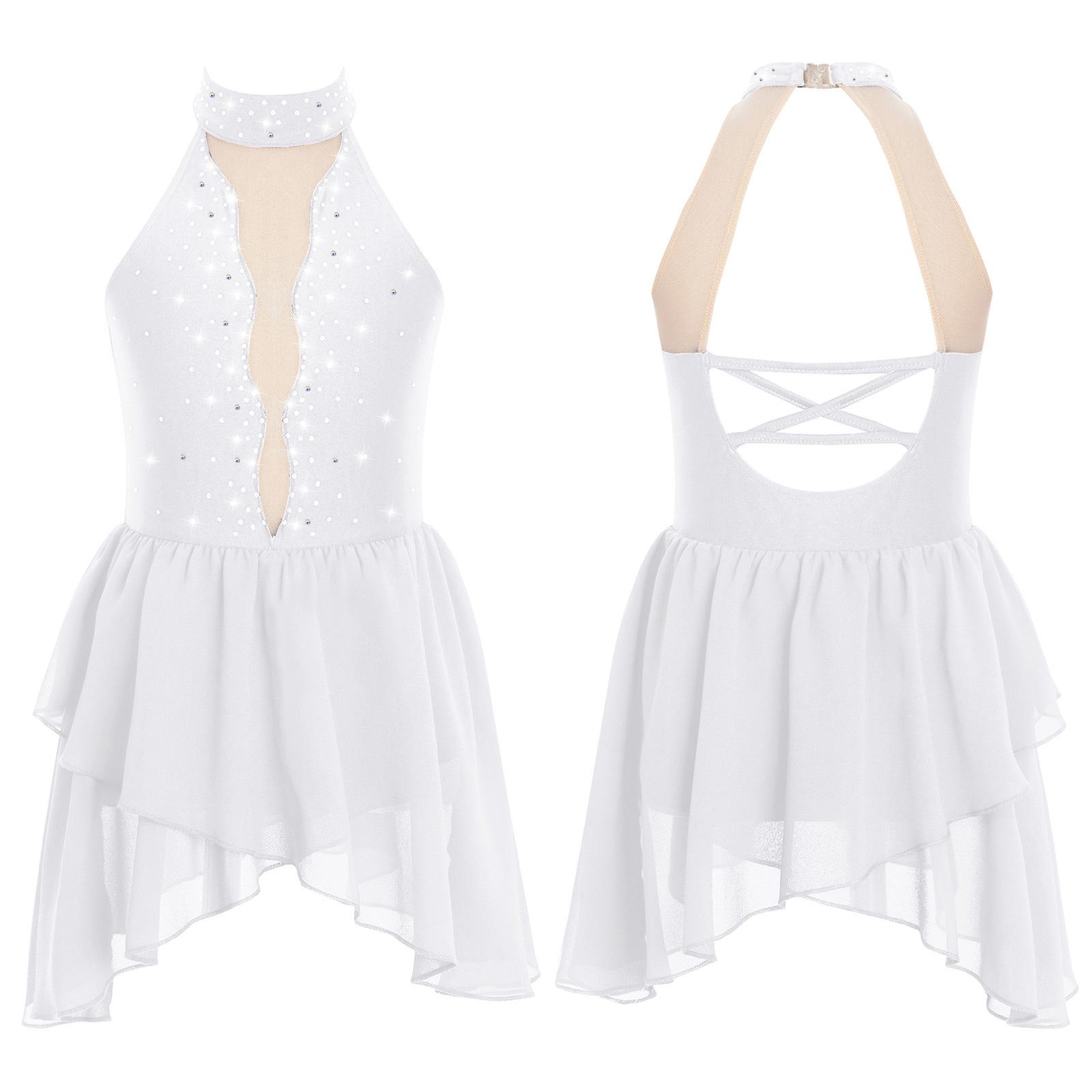 Daenrui Kinderen Meisjes Ballet Lyrische Dans Jurk Strass Kunstschaatsen Kostuum Mouwloos Sheer Mesh Gymnastiek Turnpakje Danskleding 11-12 Years