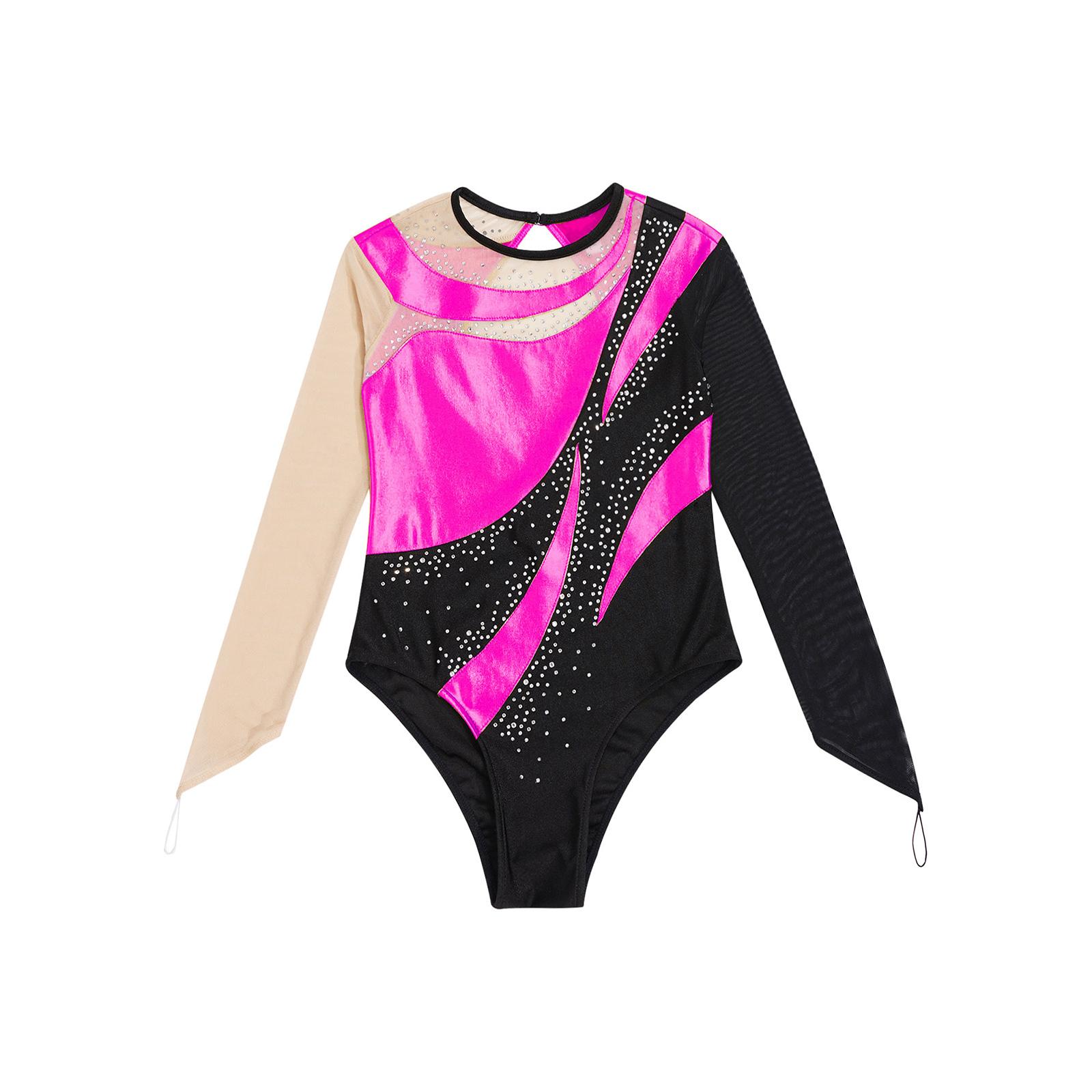 YOOJIA Meisjes gymnastiek turnpakje met lange mouwen, eendelige outfits, balletdansbodysuit, danskleding 5-6 Years warm roze kleur