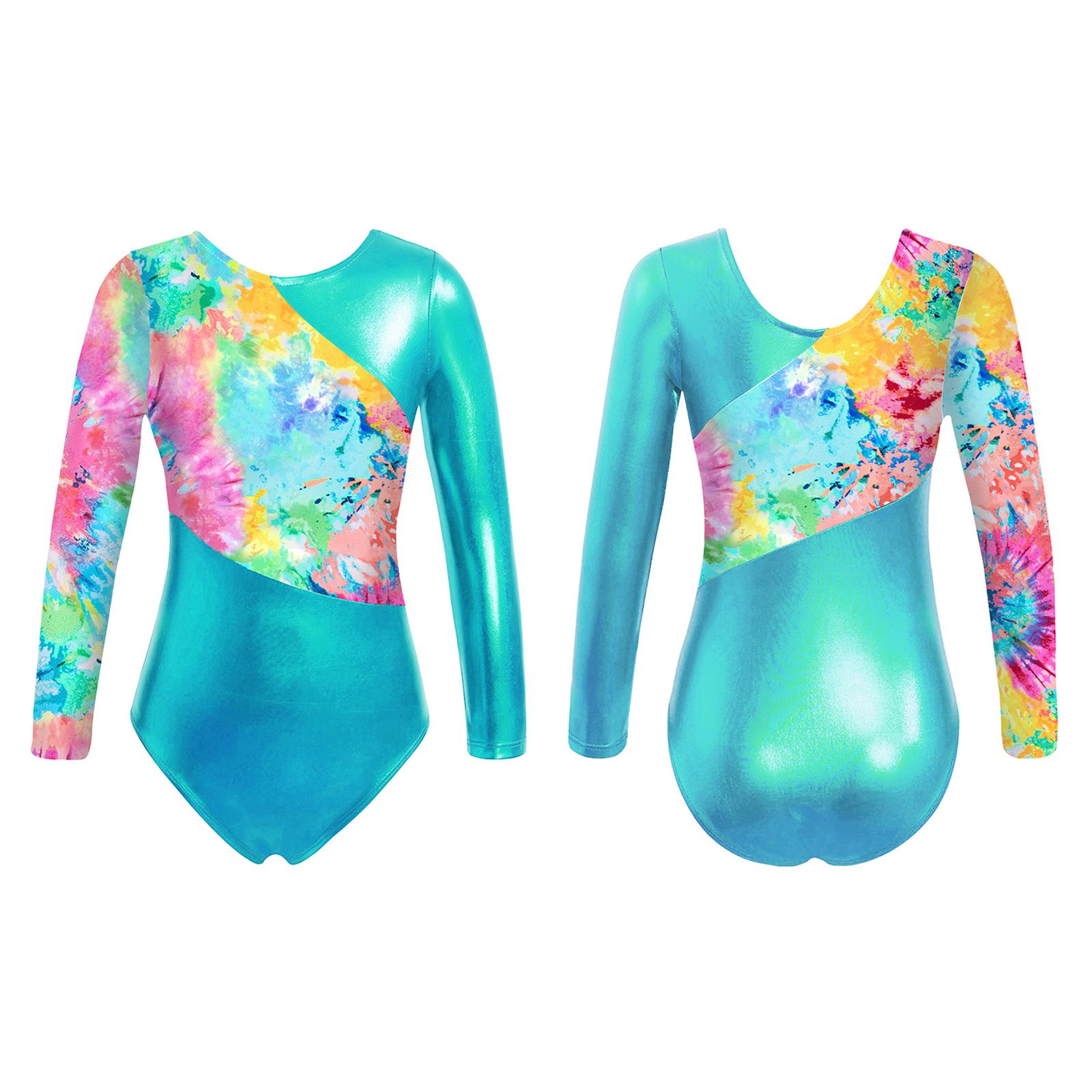 Inlzdz Gymnastiek Leotards voor Meisjes Glinsterende Danskleding Lange Mouwen Bedrukte Jumpsuit Yoga Ballet Dans Kleding 5-6 Years blauw