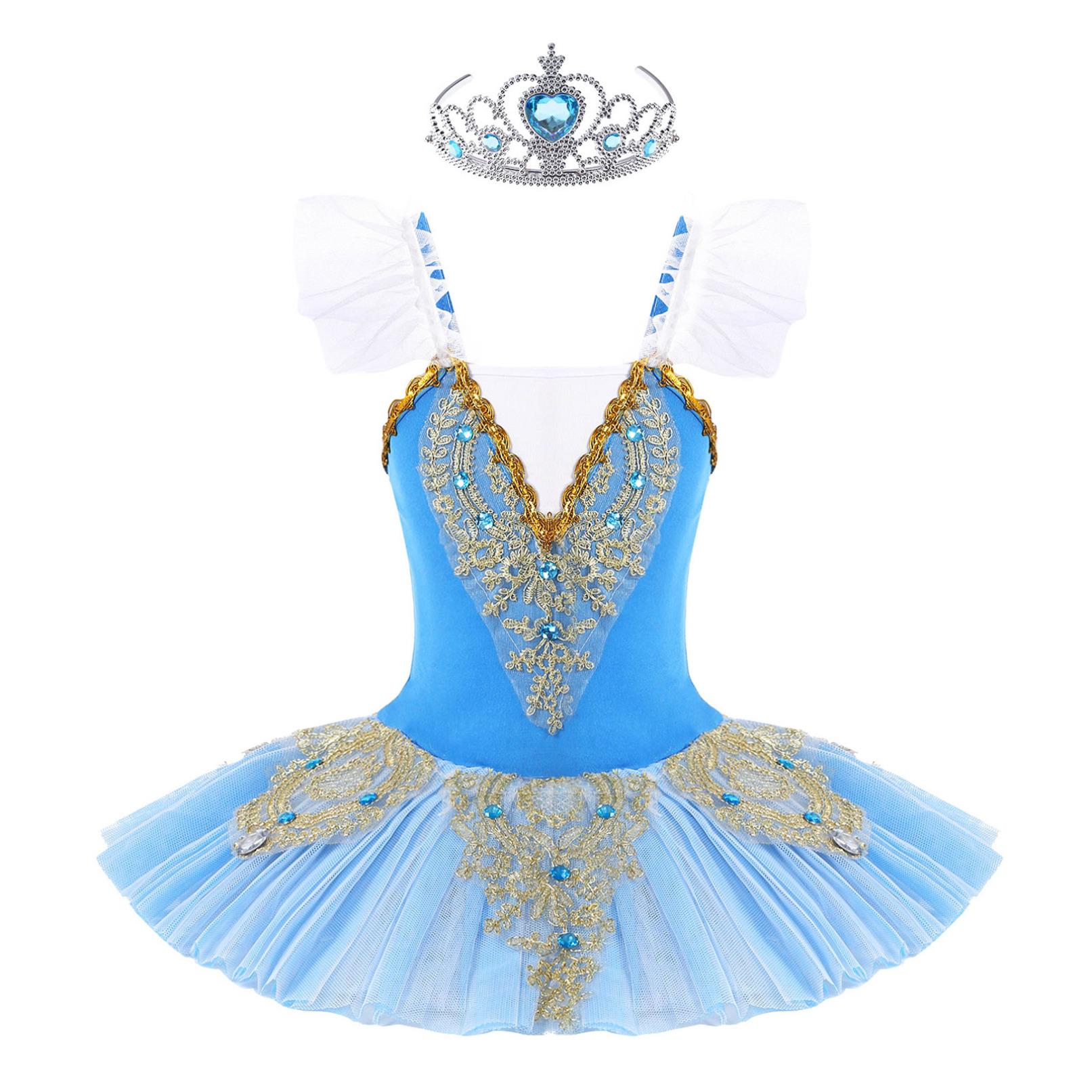 Daenrui Kinderen meisjes dansjurk V-hals ruches schouder decor jurk met hoofddeksels set balletvoorstelling kostuum 3-4 Years hemelsblauwe kleur