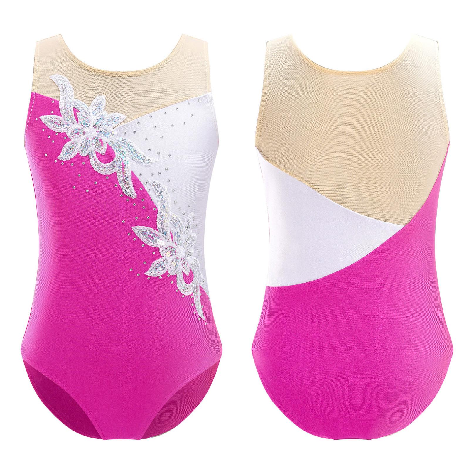Inhzoy Kinderen Meisjes Mouwloos Glinsterende Pailletten Bloemen Turnpakje Ballet Dans Gymnastiek Schaatsen Jumpsuit 3-4 Years