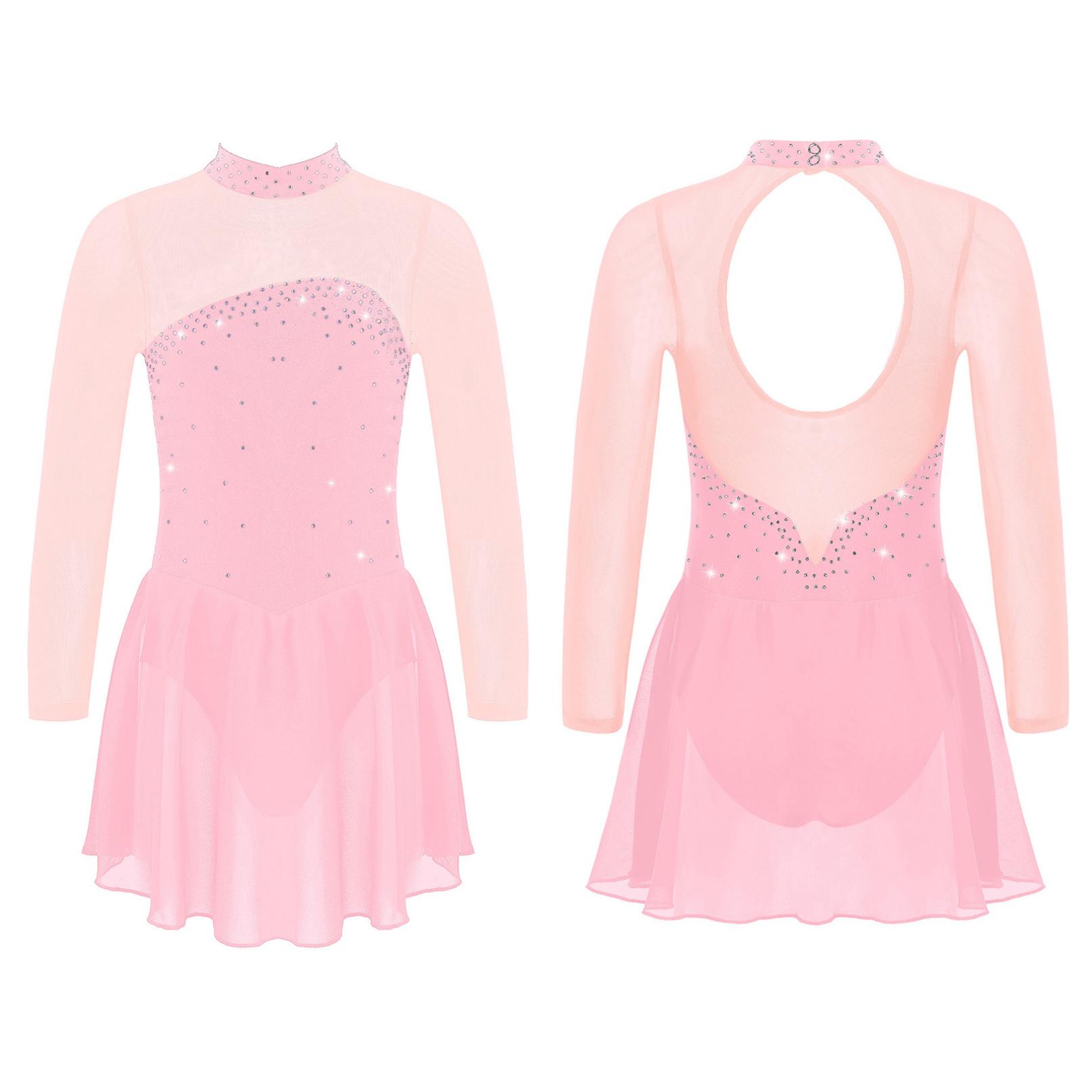 Inhzoy Kinderen Meisjes Kunstschaatsen Dans Jurk Lange Mouw Glanzende Strass Mesh Ballet Gymnastiek Turnpakje Jurken Competitie Danskleding 13-14 Years