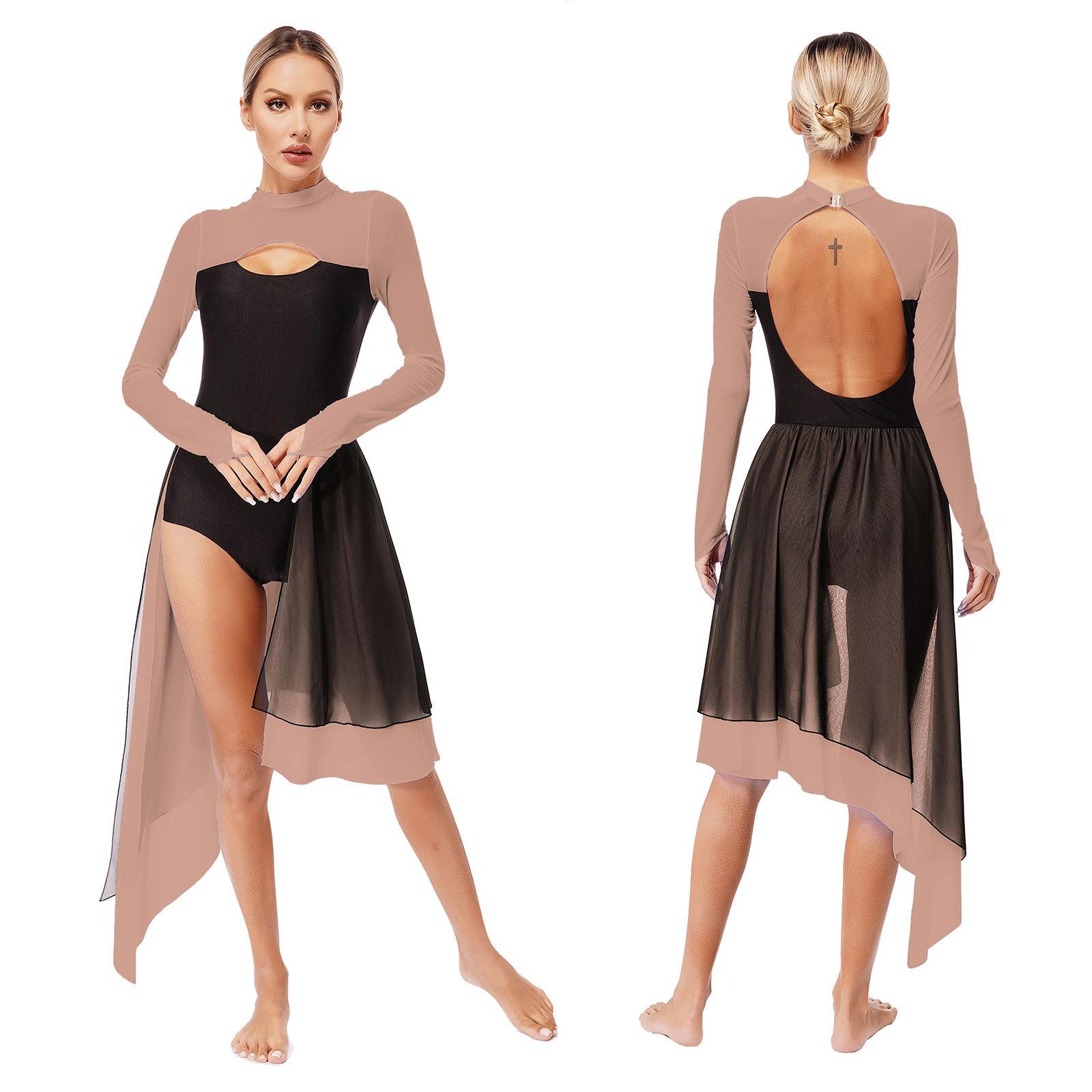 Yunduantong-electronic Lange mouw onregelmatige uitsparing ballet gymnastiek leotard jurk schaatskleding danskleding moderne lyrische danskostuum voor vrouwen meisje S lichtbruine kleur