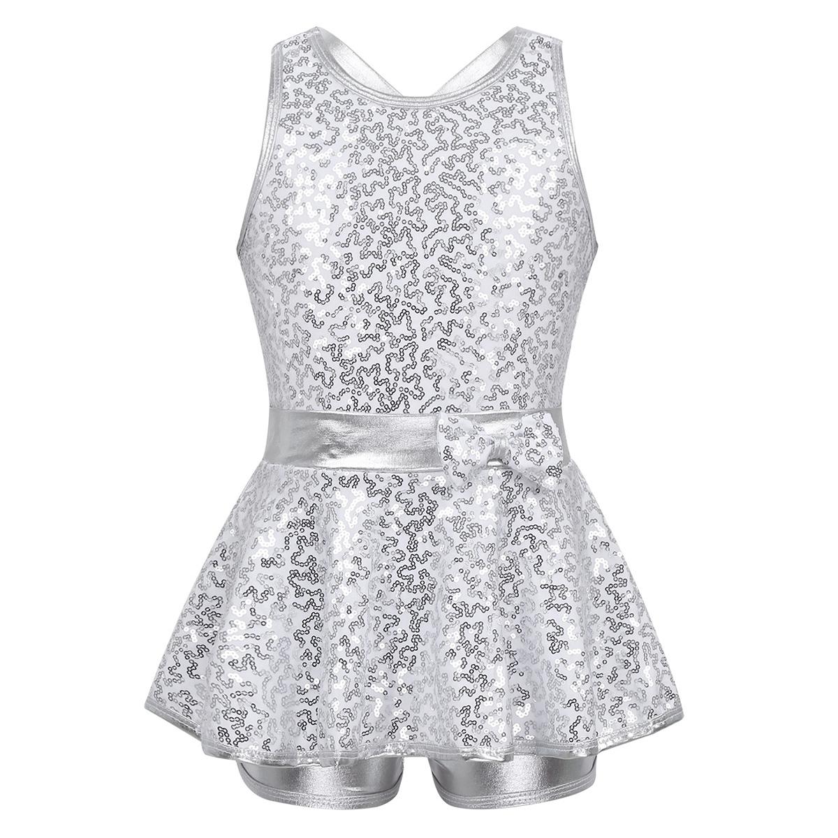 Manyakai Kinderen meisjes jazz moderne tapdanskleding mouwloze lovertjes kriskras rug taille strik balletdans turnpakje jurk 7-8 Years