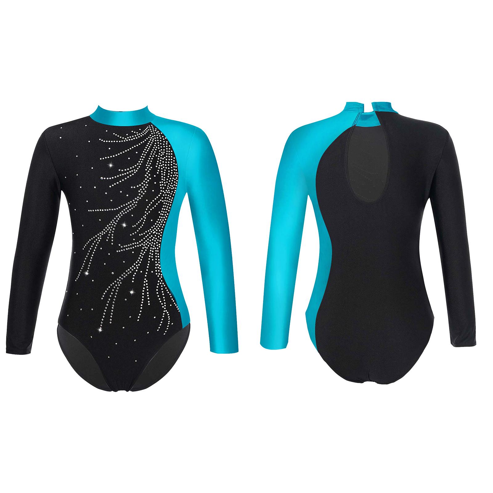 ZDHoor Meisjes Dans Gymnastiek Turnpakje Lange Mouw Faux Diamanten Versierd Sleutelgat Achterstijl Romper Kinderen 14-16 Years