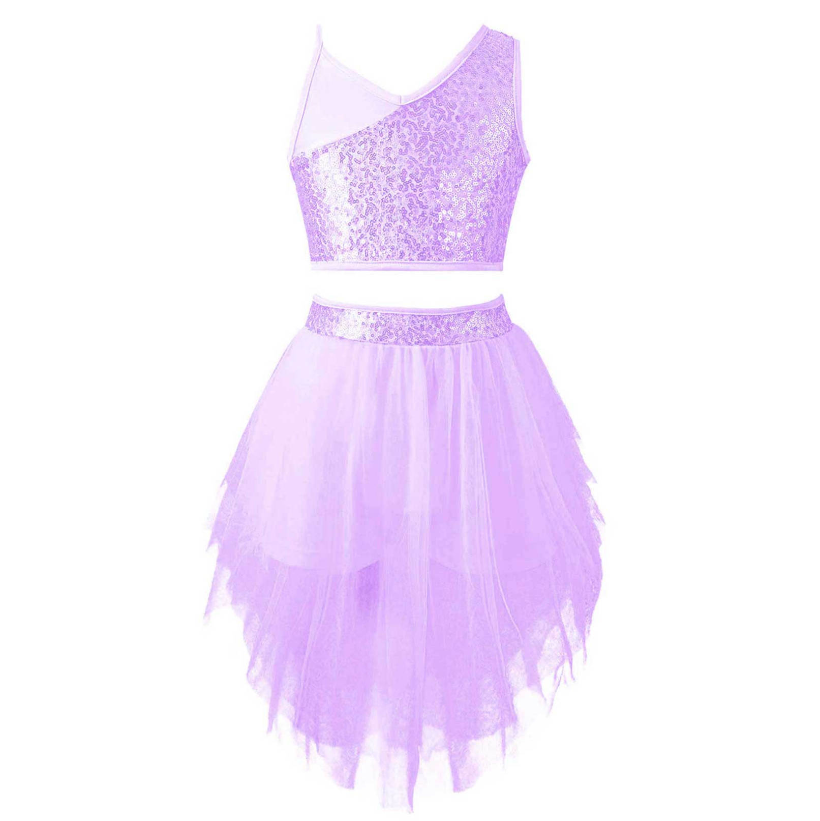 Manyakai Kinderen Meisjes Ballet Dans Jurk Outfit Mouwloze Pailletten Crop Top Met Mesh Tutu Rok Set Voor Jazz Ballroom Dansvoorstelling 8-10 Years paars