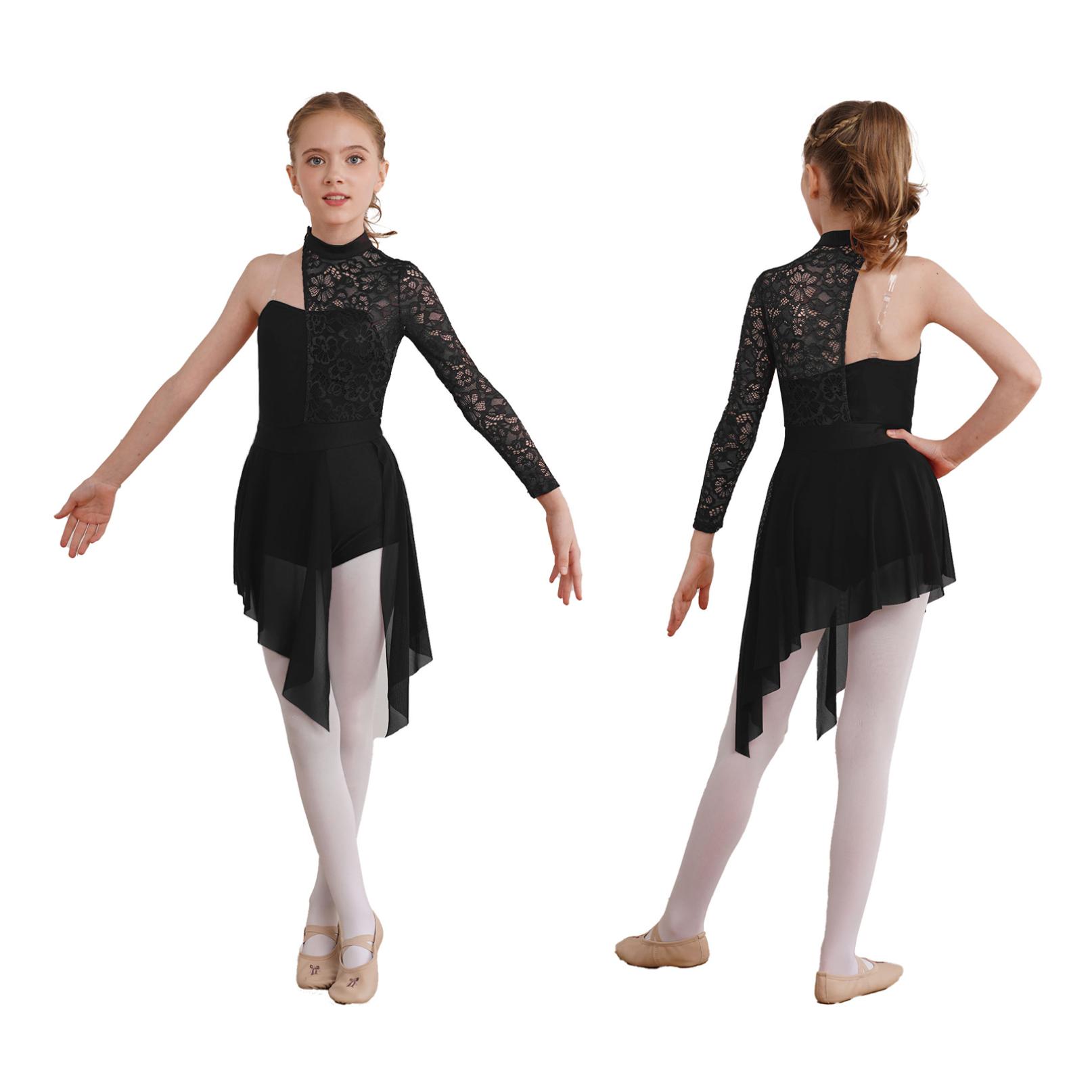 Inlzdz Meisjes Single Lange Mouw Kant Patchwork Lyrische Dansjurk Ballroom Moderne Hedendaagse Danskostuum 9-10 Years