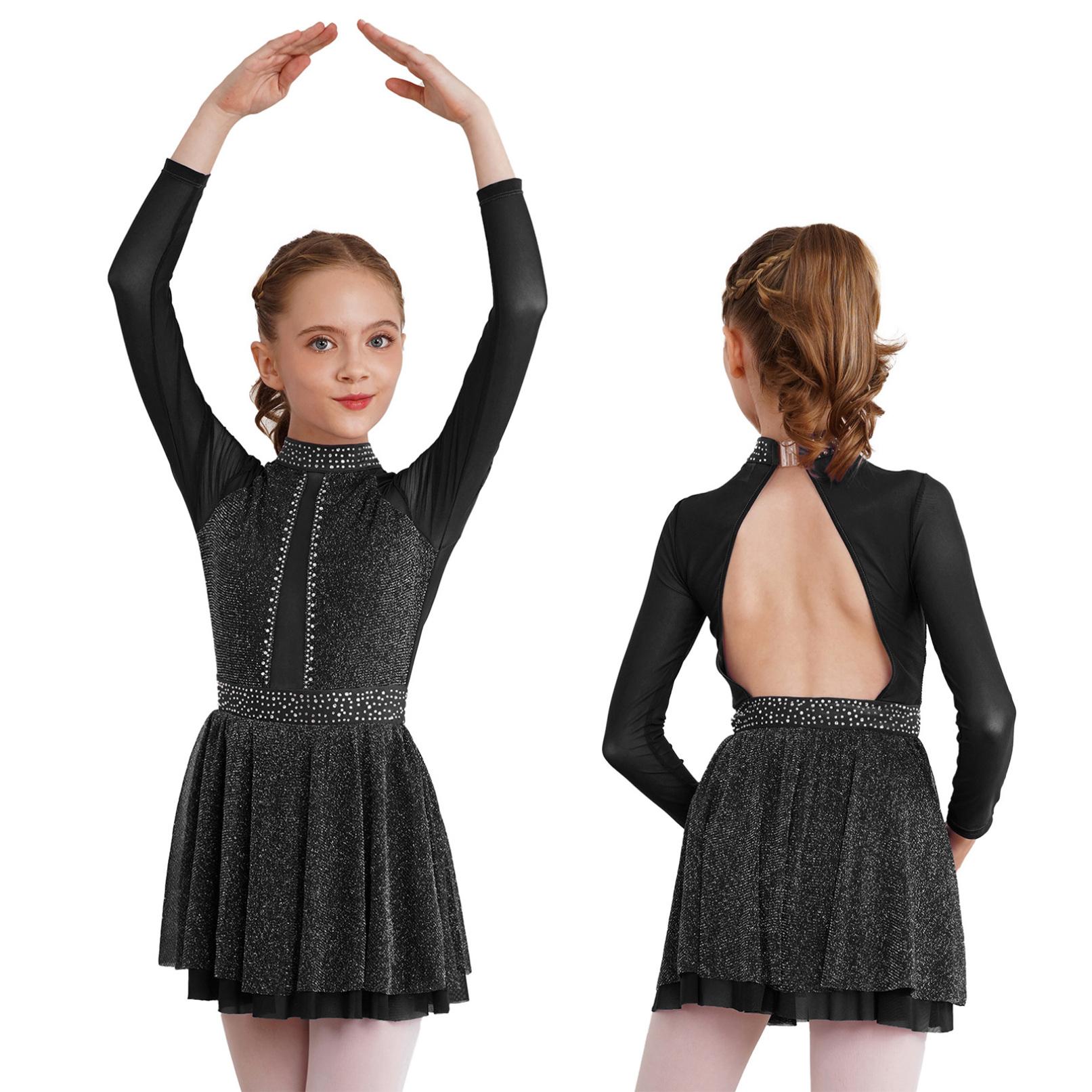 WinYing Meisjes strass lange mouwen figuur ijs rolschaatsen turnpakje jurk ballet dans jurk prestatie kostuum 5-6 Years zwart