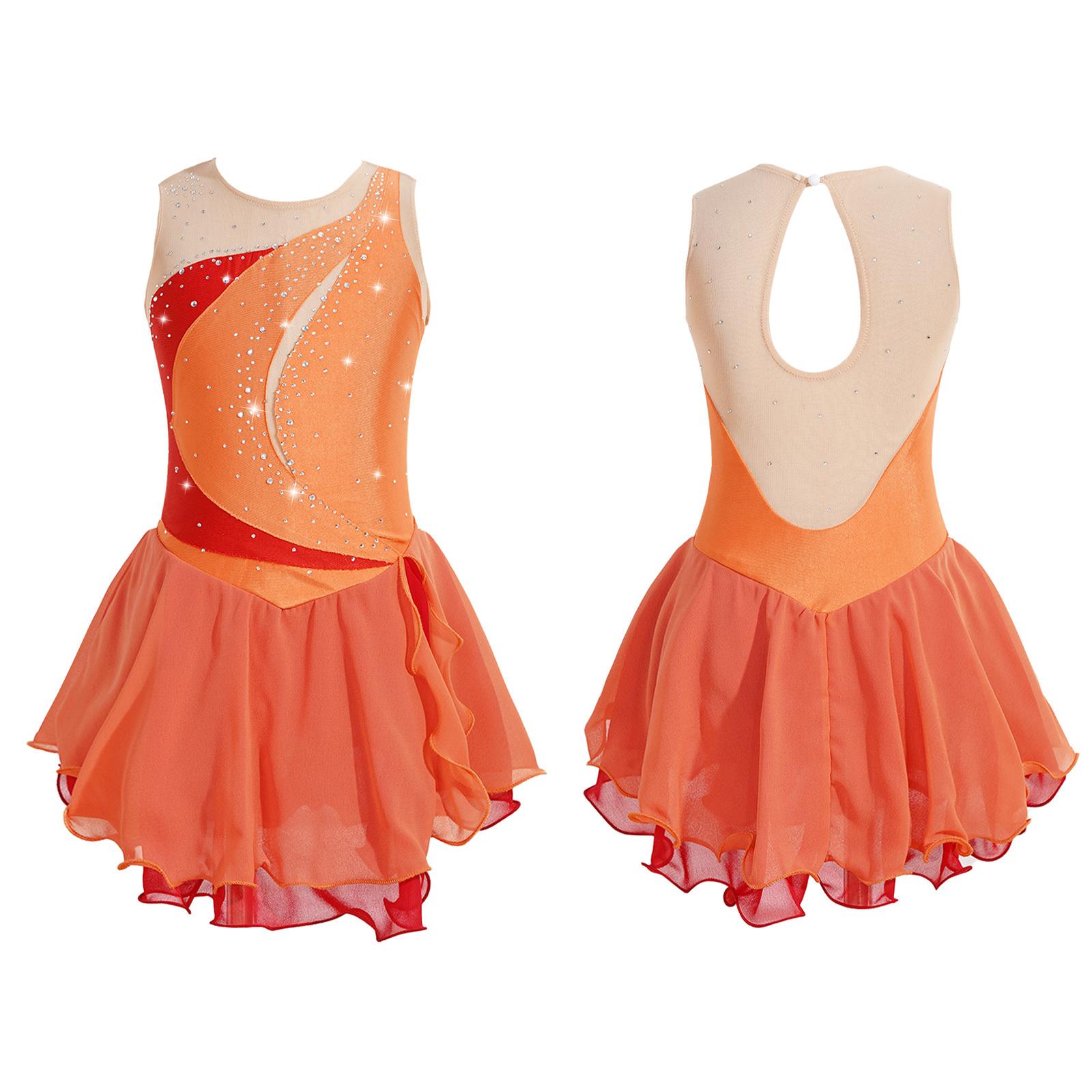 Sywiyi Kinderen Meisjes Ijs Kunstschaatsen Jurk Mouwloos Strass Competitie Kostuums Ballet Dans Tutu Rok 11-12 Years oranje