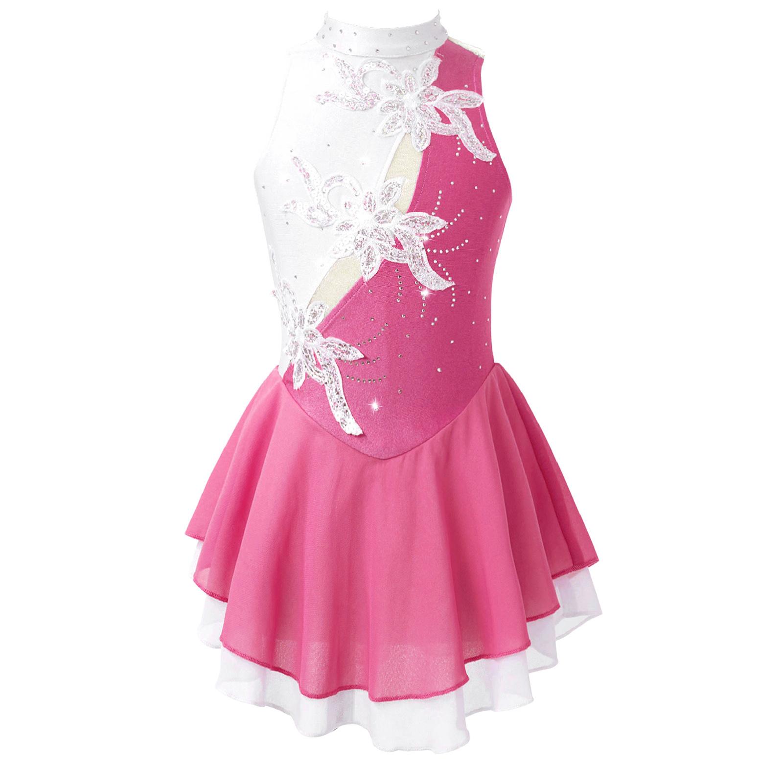 YOOJIA Meisjes Patchwork Stijl Glanzende Pailletten Bloemen Decor Mouwloos Leotard met Holle Rug voor Schaatsen Danskostuum 8-10 Years helder roze