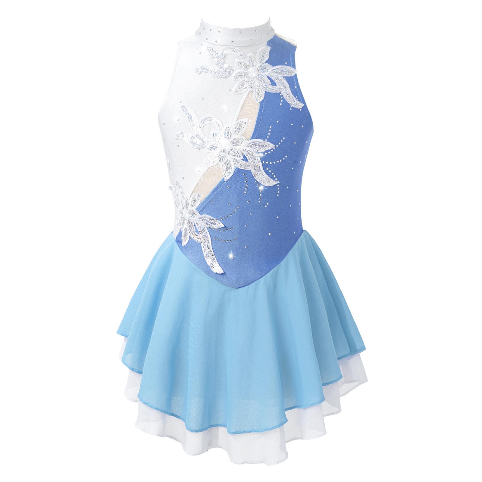 YOOJIA Meisjes Patchwork Stijl Glanzende Pailletten Bloemen Decor Mouwloos Leotard met Holle Rug voor Schaatsen Danskostuum 14-16 Years