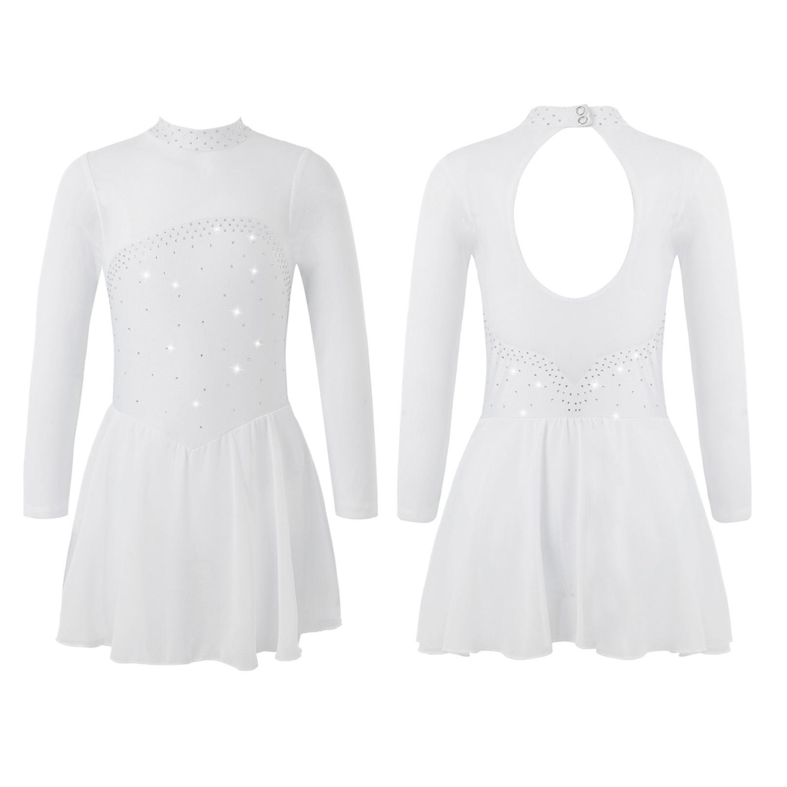 Inhzoy Kinderen Meisjes Kunstschaatsen Dans Jurk Lange Mouw Glanzende Strass Mesh Ballet Gymnastiek Turnpakje Jurken Competitie Danskleding 15-16 Years